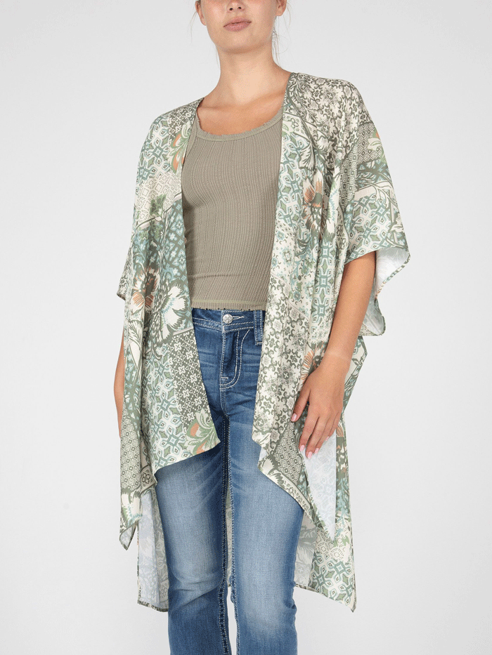Miss Me MJ0638S Women's Floral Print Kimono with Crochet Trim - Green Boho Chic Cover Up for Beach, Pool & Summer Outfits