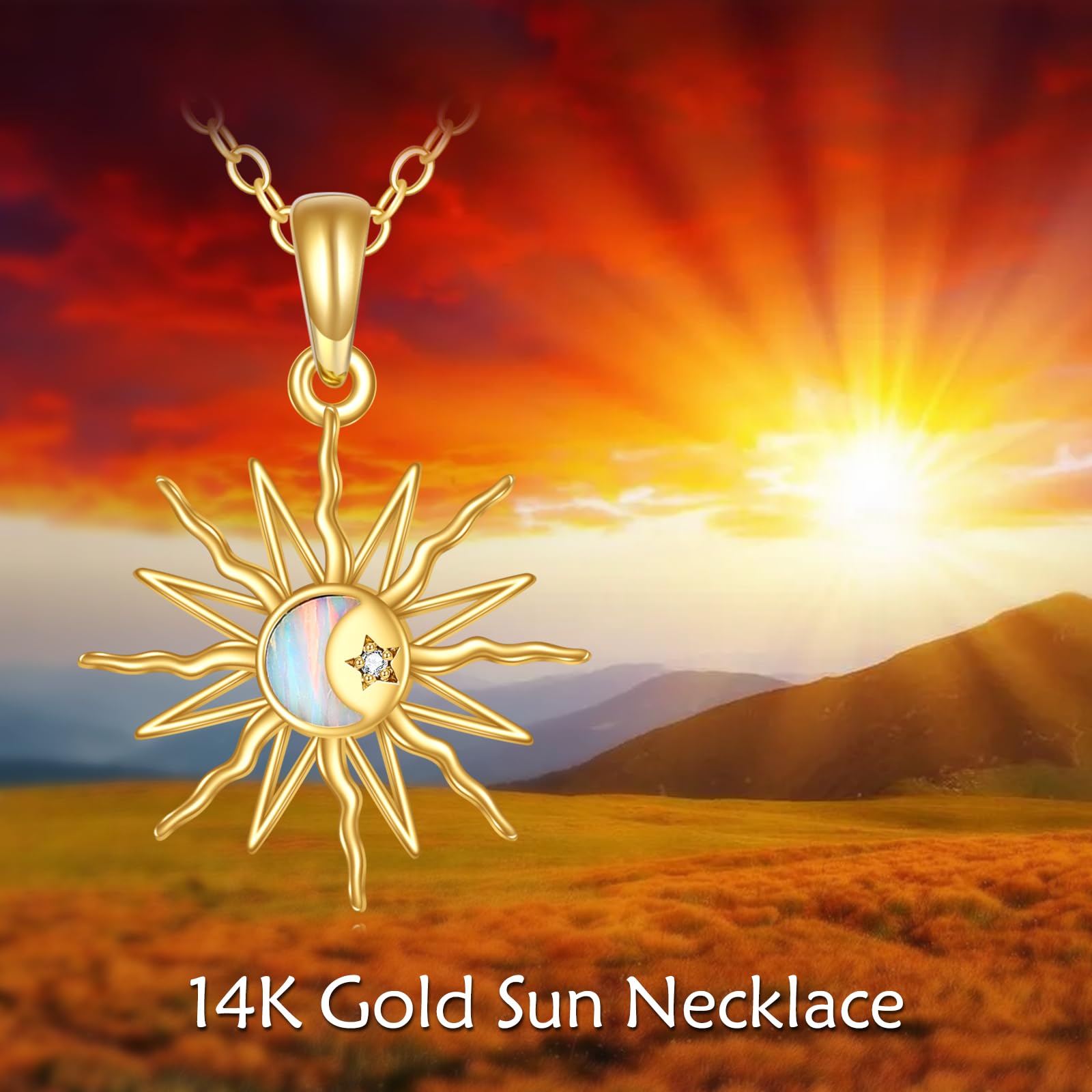 14K Gold Sun Necklace with Opal or Moonstone - Elegant Sunburst Pendant Jewelry for Women | Perfect Gift for Birthday, Anniversary & Everyday Wear