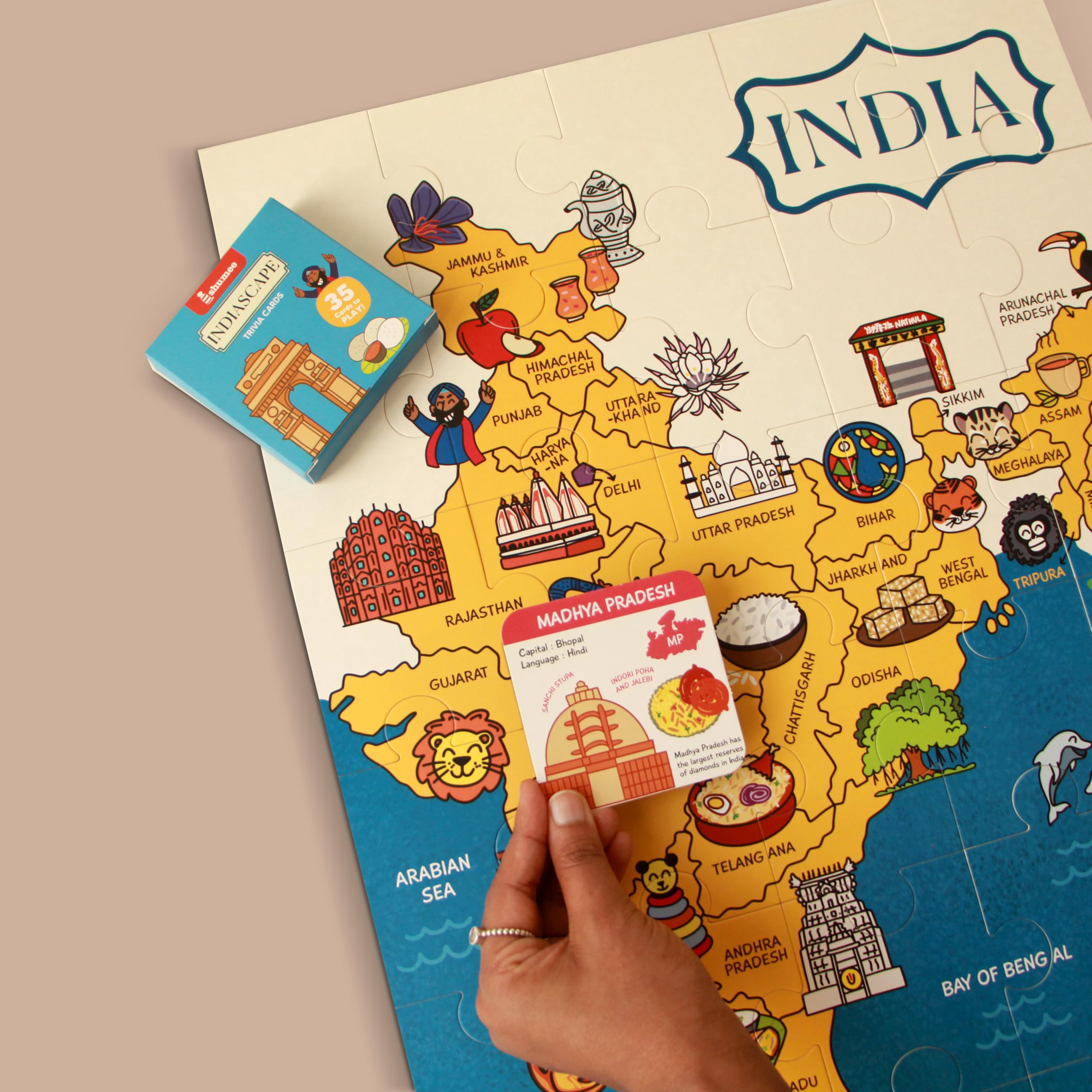 Shumee Indiascape Map Puzzle and Card Games Set - 30 Piece Educational Puzzle, 35 Geography Trivia Cards & 5 Fun Games for Kids Ages 4+ - Multicolor Learning Toys for Home & Classroom Use