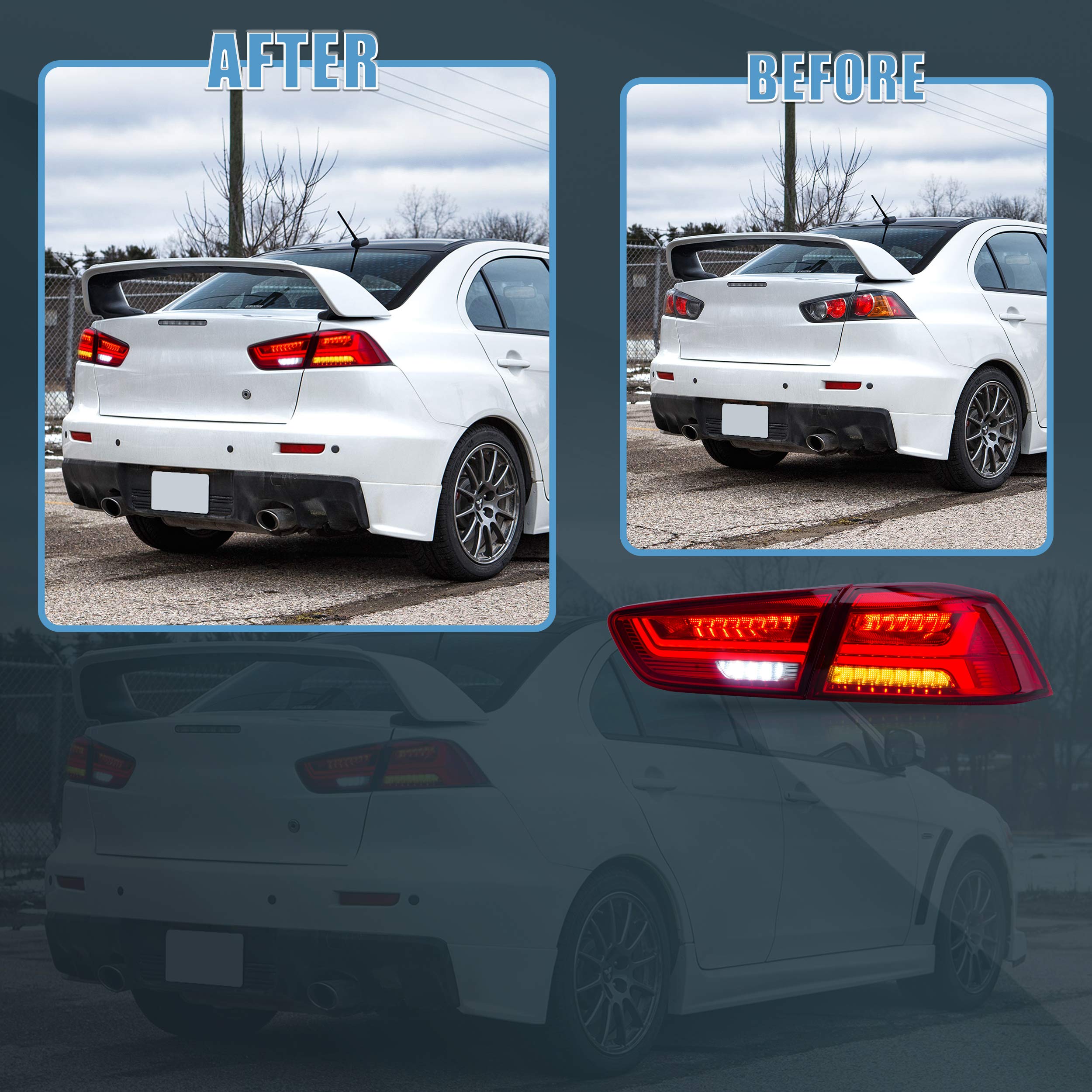 VLAND LED Tail Lights Assembly for Mitsubishi Lancer EVO X 2008-2020 - Sequential Turn Signal, Red - Not Compatible with Lancer Fortis/io | Upgrade Your Car's Style & Safety for Night Driving