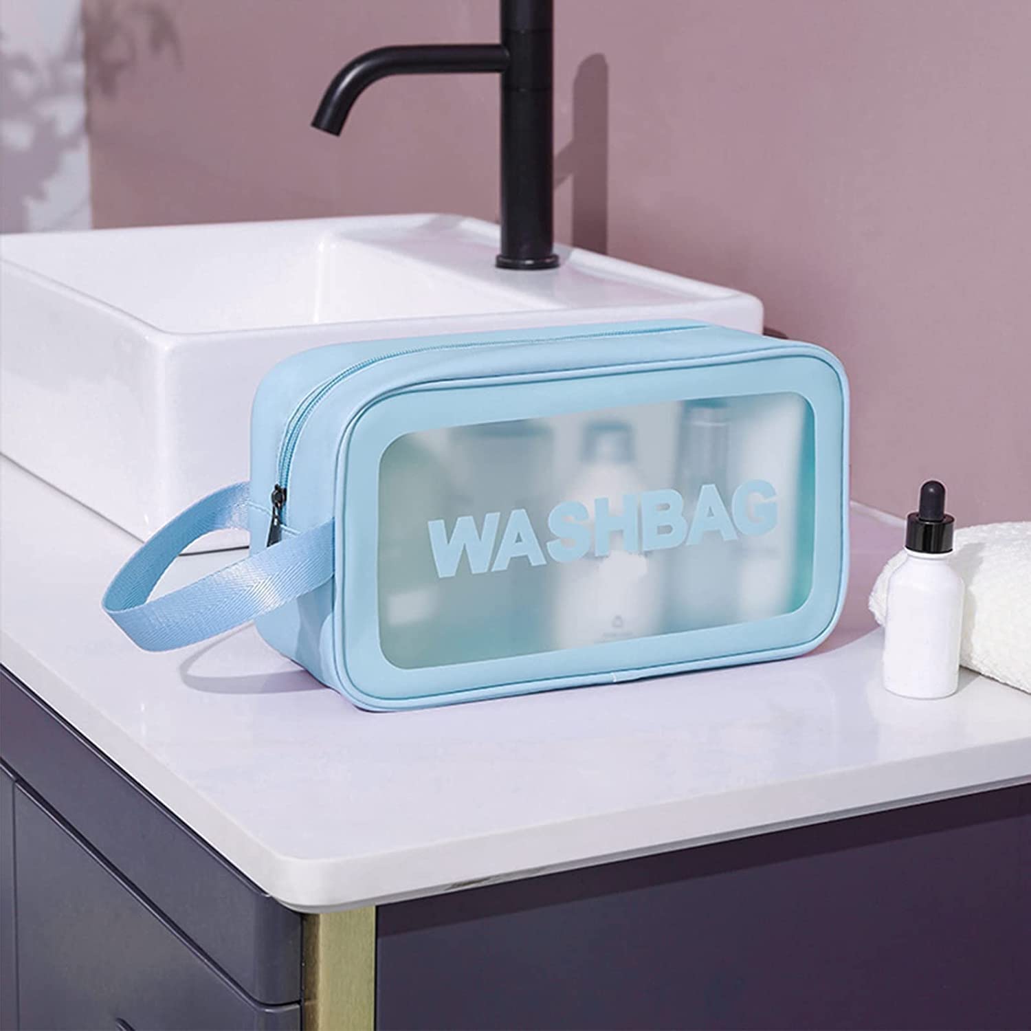 QBLYN 3-Piece Waterproof Makeup Organizer Set | Travel Toiletry Bag for Women | Cosmetic Storage Pouch for Bathroom & Vanity | Perfect for Home, Gym, Vacation & Business Trips (Blue)
