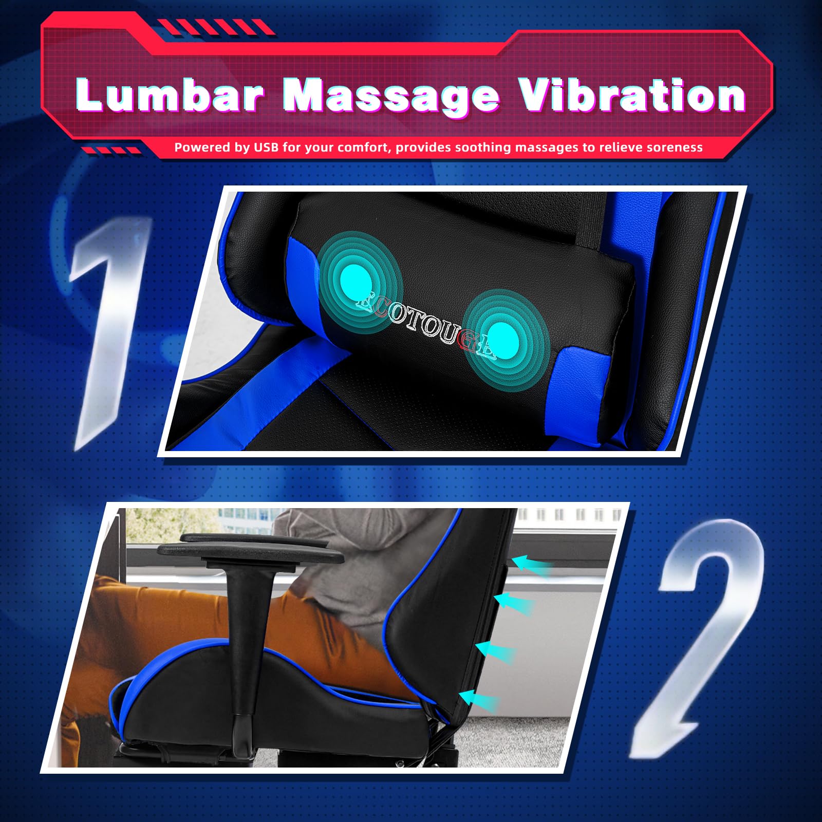 ECOTOUGE Ergonomic PC Massage Gaming Chair with Adjustable Footrest - Racing Style PU Leather Office Desk Chair with Headrest & Lumbar Support - Recliner Swivel Rocker for Home/Office/Gaming (Blue)