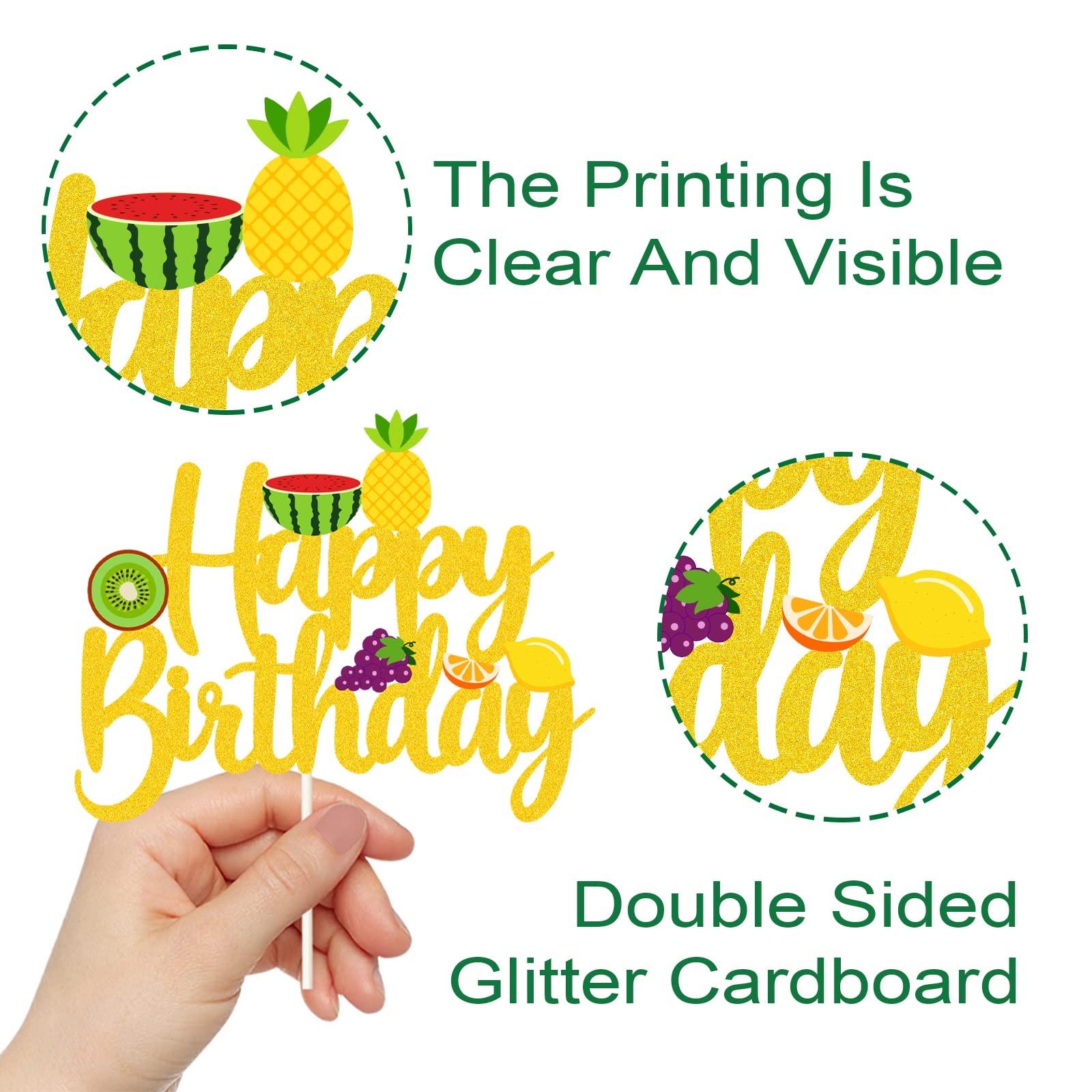 Fruit Cake Topper - Happy Birthday Cake Decorations, Summer Smash Cake Picks, Tropical Fruit Party Supplies for Boys Girls Baby Showers | Gold Dessert Decor for Birthday Parties, Baby Showers & Tropical Themed Events