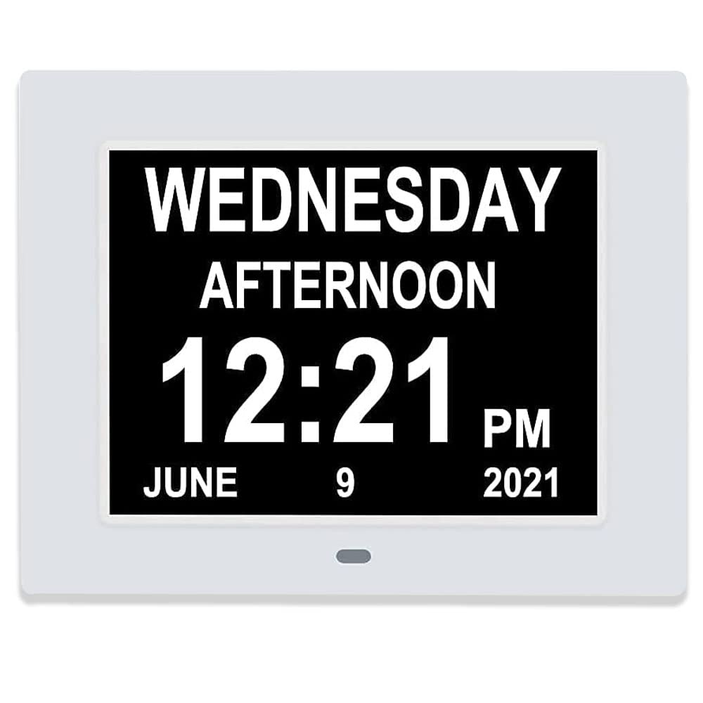 7 Inch Digital Day Calendar Clock with Auto-Dimmer & 8 Alarms - Extra Large Display for Seniors with Dementia, Impaired Vision & Memory Loss - Easy-to-Read Non-Abbreviated Date & Time (White) | Perfect for Bedrooms, Nursing Homes & Assisted Living Facilities
