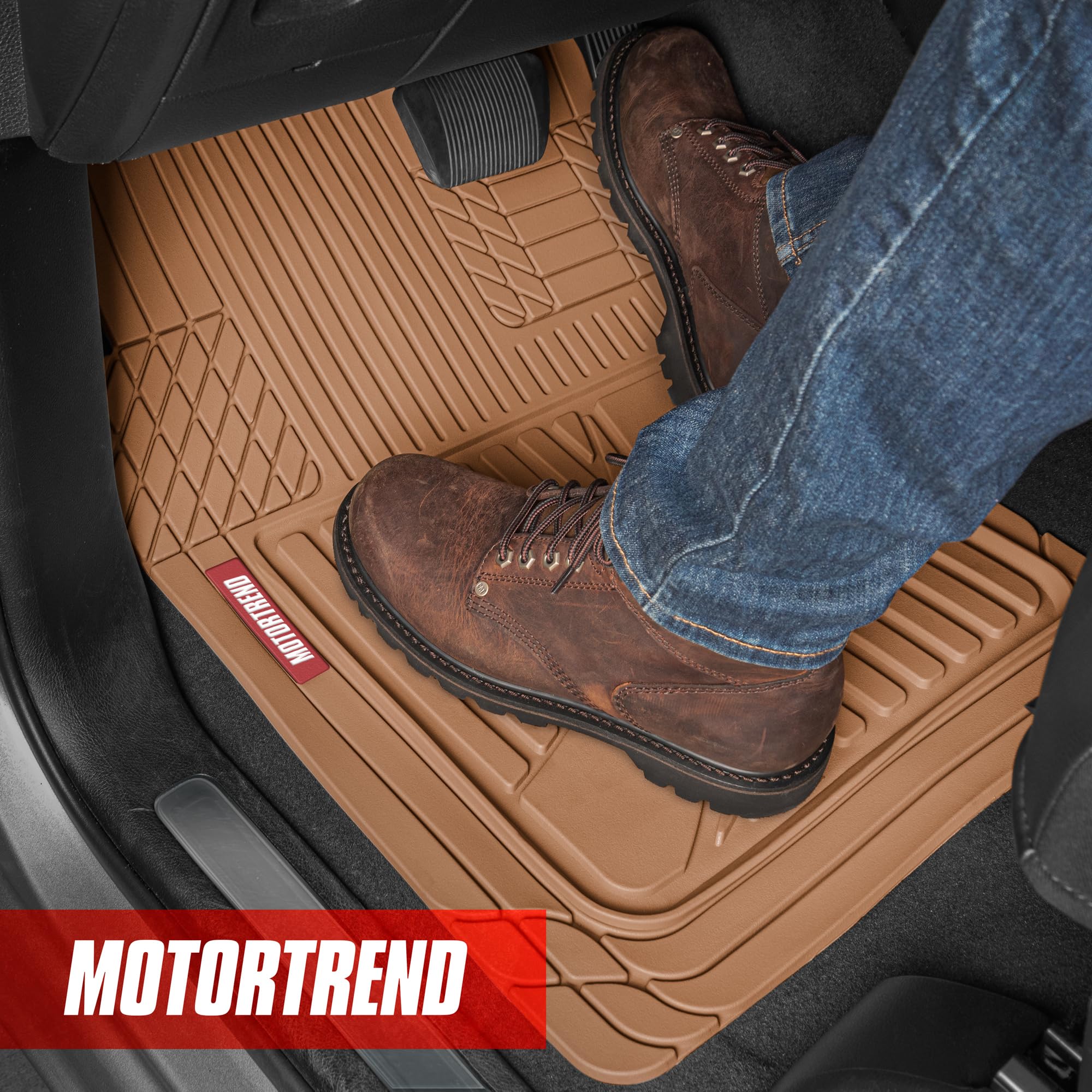 Motor Trend FlexTough™ Heavy Duty Beige Rubber Car Floor Mats - All Weather Protection for SUV, Truck & Sedan | Universal Fit Floor Liners & Cargo Mats Set | Durable Interior Accessories for Rain, Snow & Mud Protection | Perfect for Daily Commute, Road Trips & Off-Road Adventures