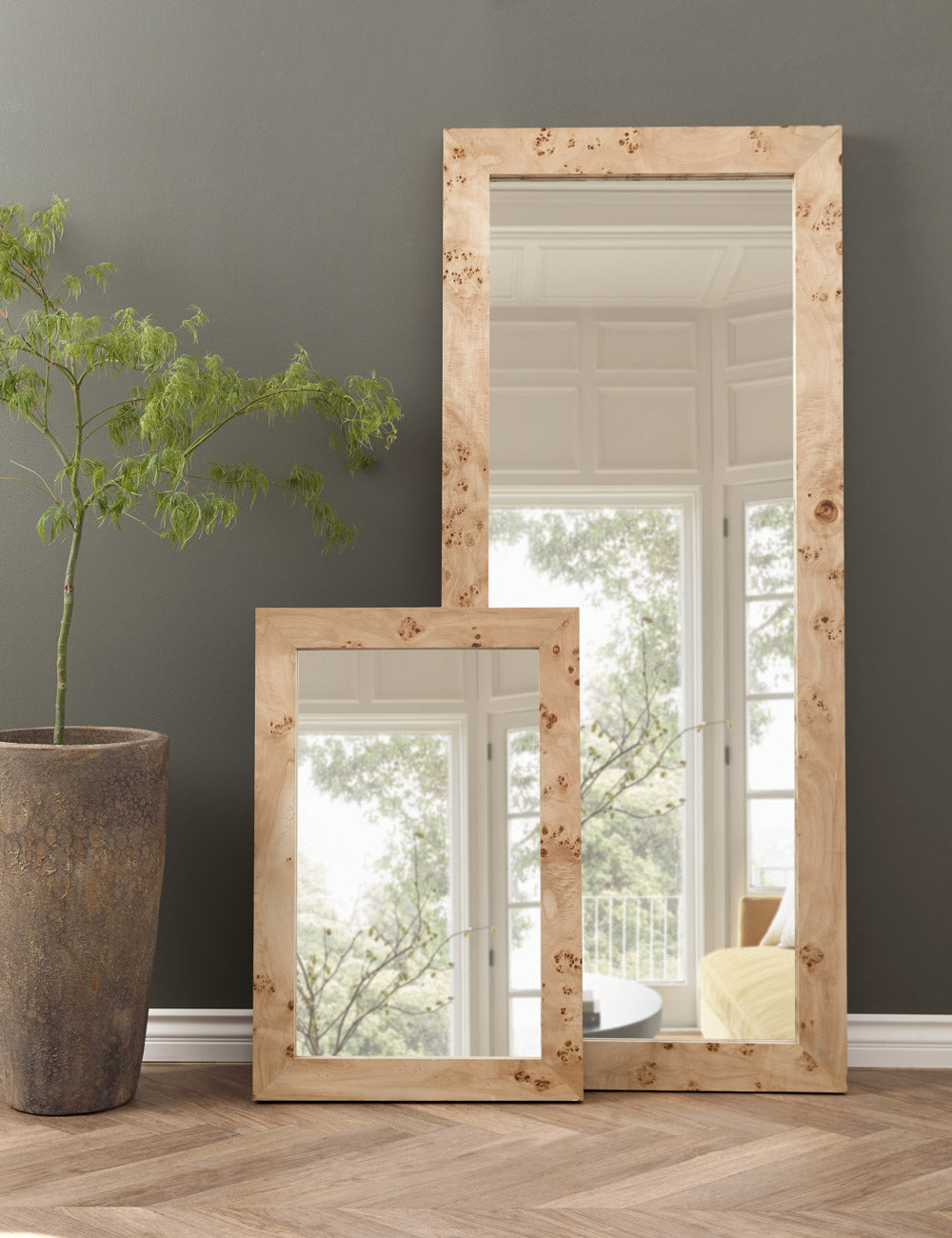 Bree Burl Wood Floor Mirror - Full Length Standing Mirror with Natural Wood Grain, Perfect for Bedroom, Living Room, and Dressing Area Decor