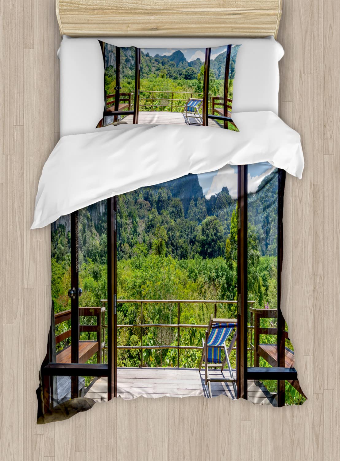 Ambesonne Modern Duvet Cover Set - Twin Size 2-Pack with 2 Duvet Covers & 2 Pillowcases, Pale Green & Dark Green Forest Mountain Floral Design | Summer Vibes Sunny Day Theme | Perfect for Bedroom Decor, Guest Room, Vacation Homes & Cozy Retreats