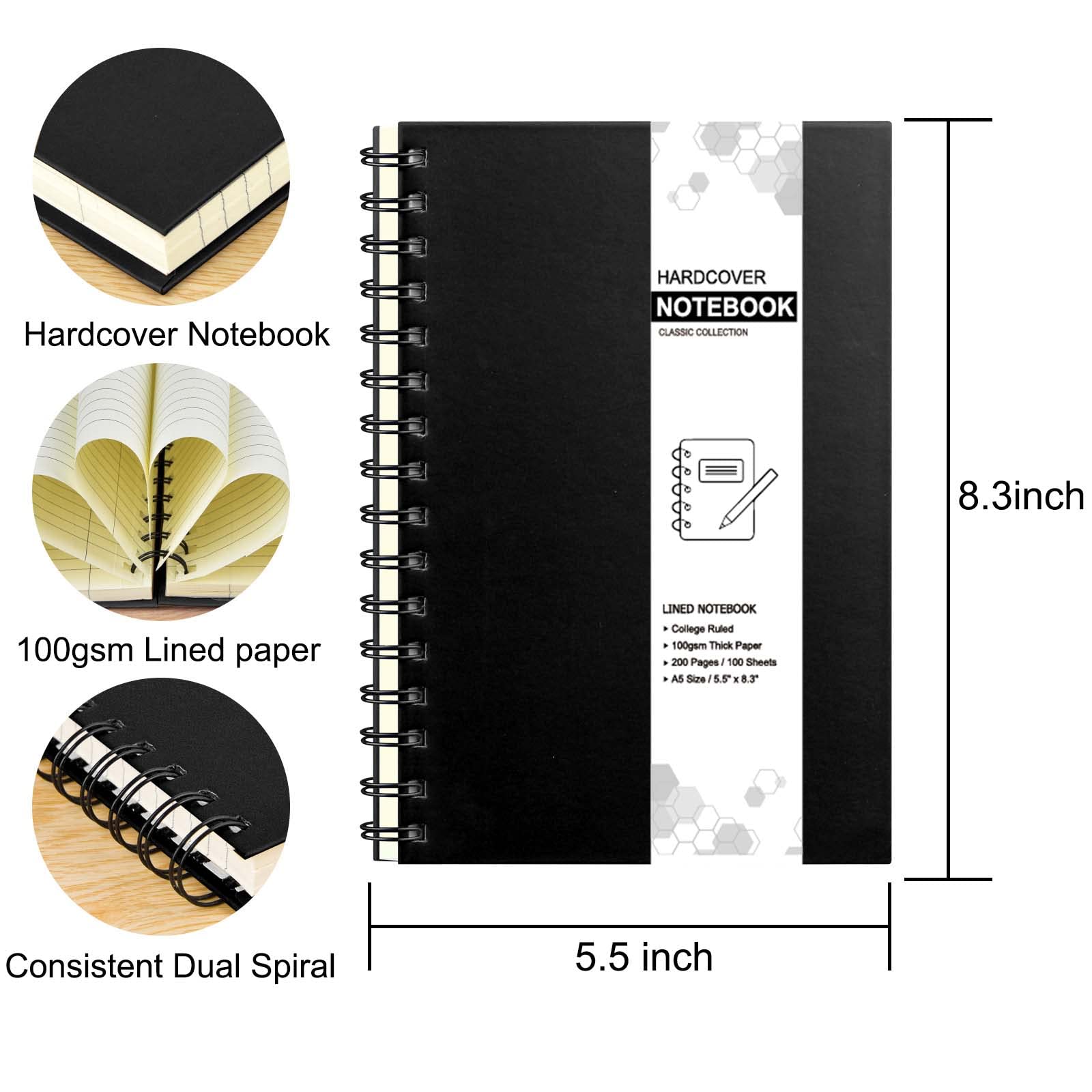 Coopay 4-Pack A5 Hardcover Spiral Notebooks - College Ruled Journals with Removable Dividers for School, Office & Business (8.3