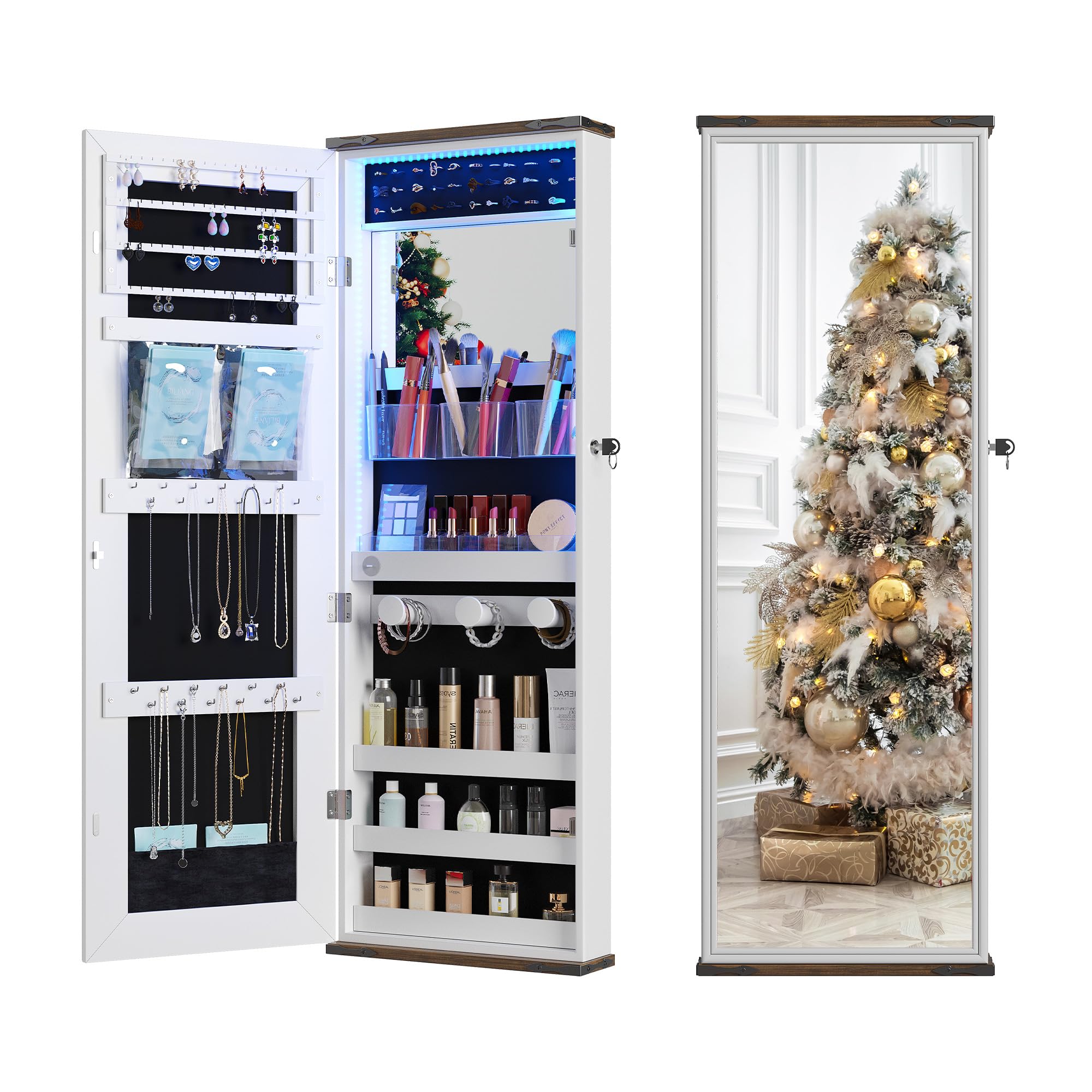 Farmhouse Jewelry Organizer with LED Lights - Wall or Door Mounted Jewelry Armoire Cabinet with Full Length Mirror, Storage & Lockable Interior - White - Perfect for Bedroom, Closet, and Dressing Room Organization