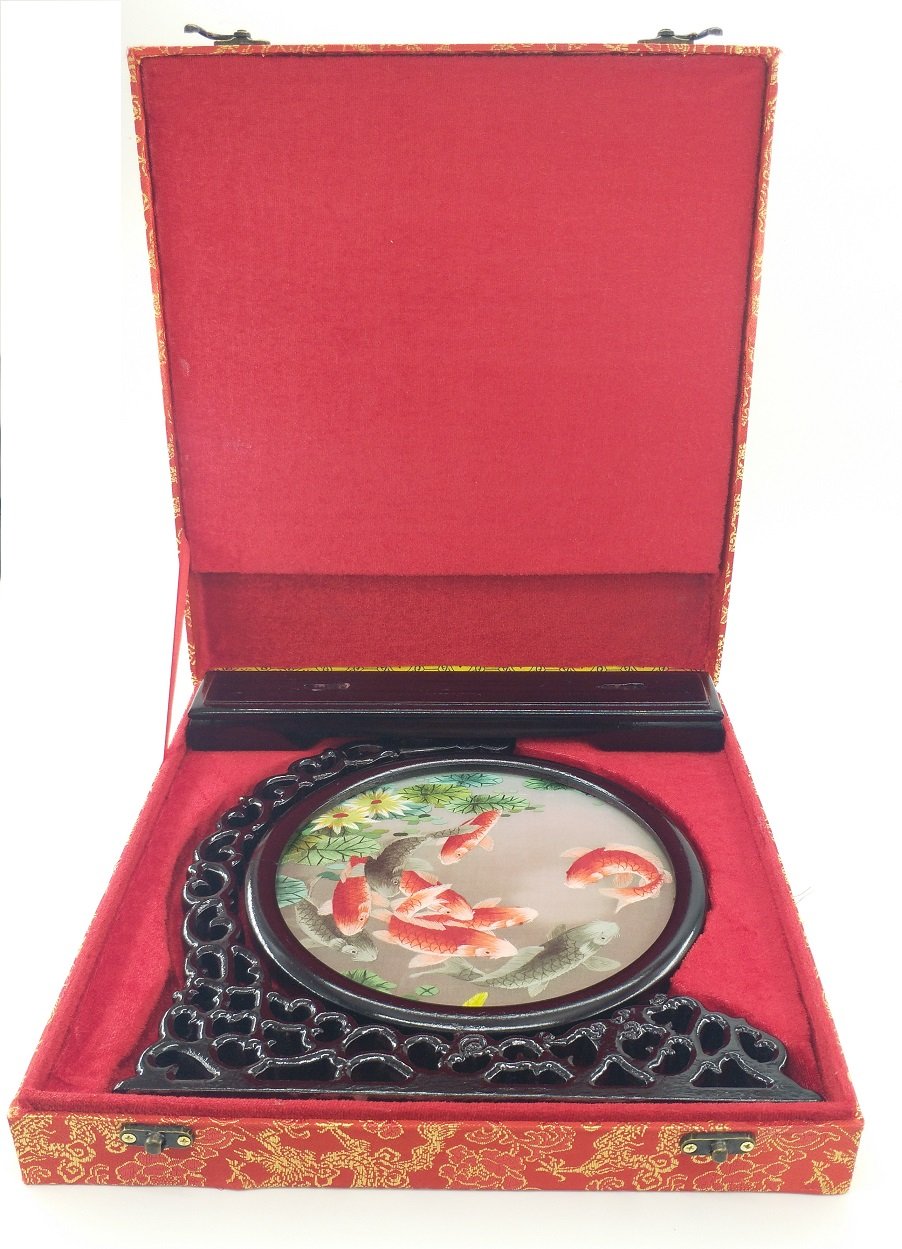 WEALTHCOMING Handmade Double-Sided Silk Embroidery Art - 12.5 Inch Chinese Silk Painting with Lily Flowers and Kois, Elegant Desk Decor & Unique Gift for Home Office, Wedding, Housewarming