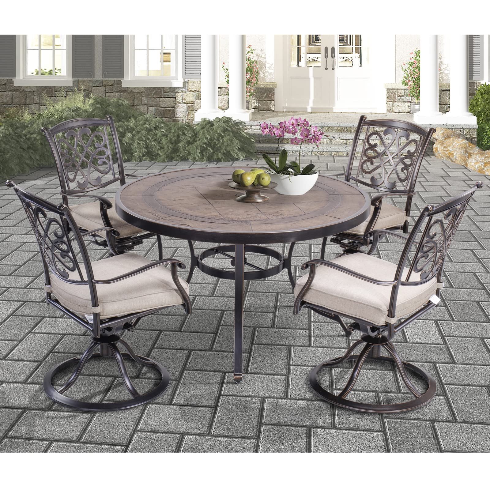 DALI Outdoor 5-Piece Dining Set - Aluminum Patio Furniture with Deep Cushioned Swivel Rocker Chairs & 48-Inch Round CraftTech Table | Perfect for Backyard, Garden, Poolside & Outdoor Entertaining