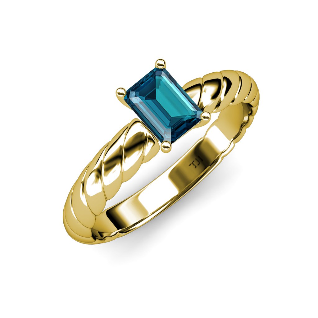 London Blue Topaz 7x5mm Emerald Cut Solitaire Rope Engagement Ring - 0.90 Carat 14K Yellow Gold - Perfect for Proposals, Weddings & Anniversary Gifts
