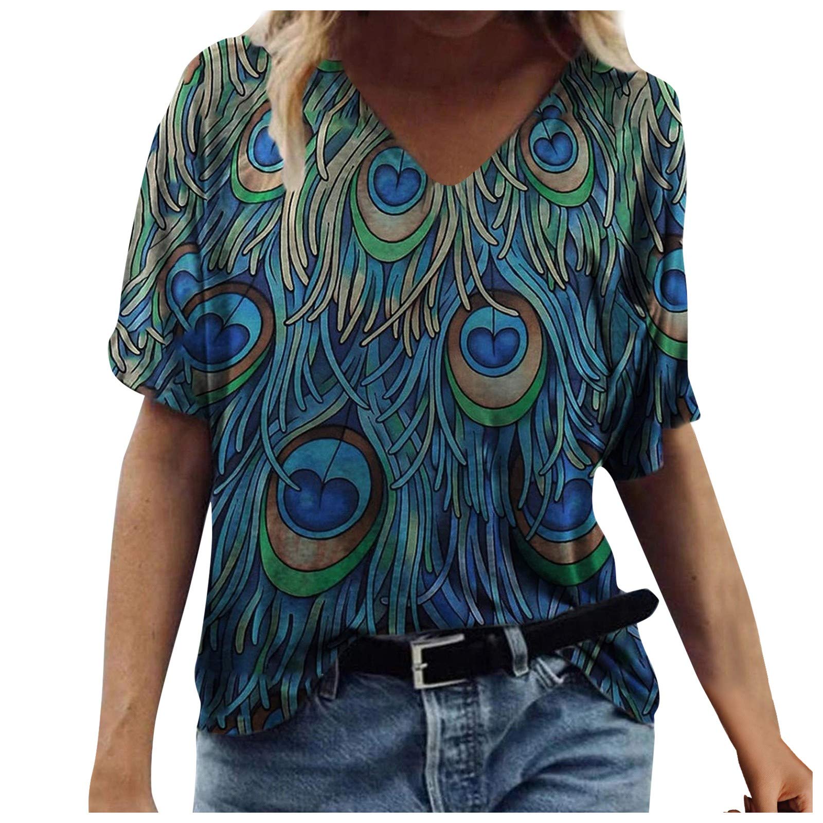 Women's Short Sleeve V-Neck Floral Graphic T-Shirts - Colorful Loose Blouse for Summer & Fall - Casual Wear, Beach Outfits, and Everyday Fashion
