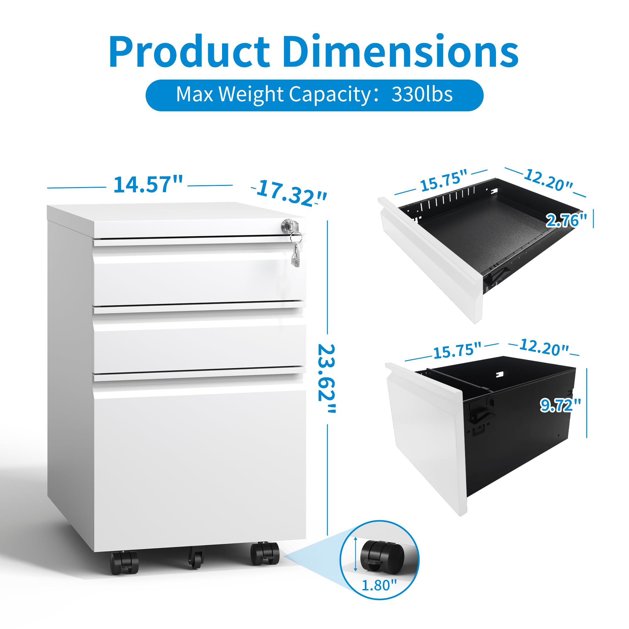 3-Drawer Mobile File Cabinet with Wheels - White Metal Under Desk Vertical Filing Cabinet with Lock, Fully Assembled for Home & Office - Fits Letter, Legal & A4 Size Folders - Perfect for Small Spaces & Organized Workspaces