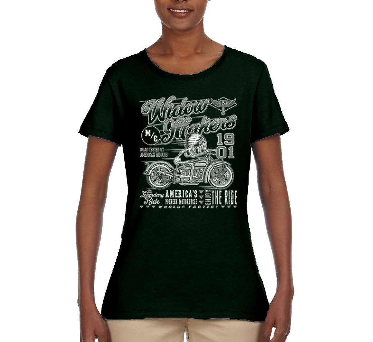 Wild Bobby 1901 Widow Makers Skeleton Motorcycle Cars & Trucks Graphic T-Shirt for Women - Vintage Biker Style Tee for Motorcycle Enthusiasts & Road Trips