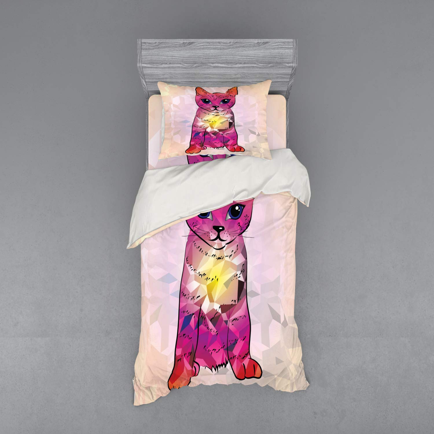 Ambesonne Cat Duvet Cover Set - Geometric Digital Print Robot Cat with Retro Tech Patterns, 3 Piece Bedding Set Includes Sham & Fitted Sheet, Twin XL Size, Pink Fuchsia - Perfect for Kids Rooms, Teen Bedrooms & Cat Lover Home Decor
