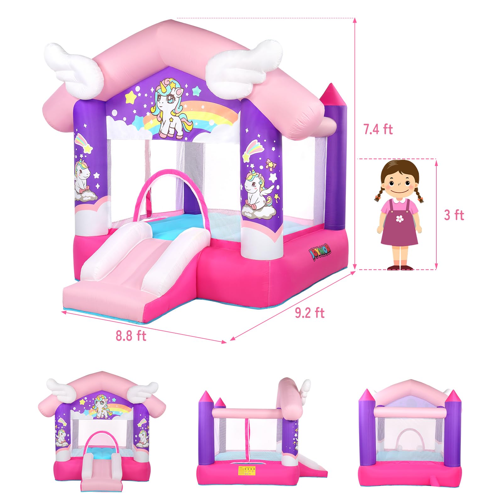 JOYMOR Unicorn Princess Inflatable Bounce House with Slide - Pink Kids Bouncy Castle for Indoor & Outdoor Play (Ages 3-6) | Birthday Parties, Backyard Fun, Summer Activities (Blower Included)