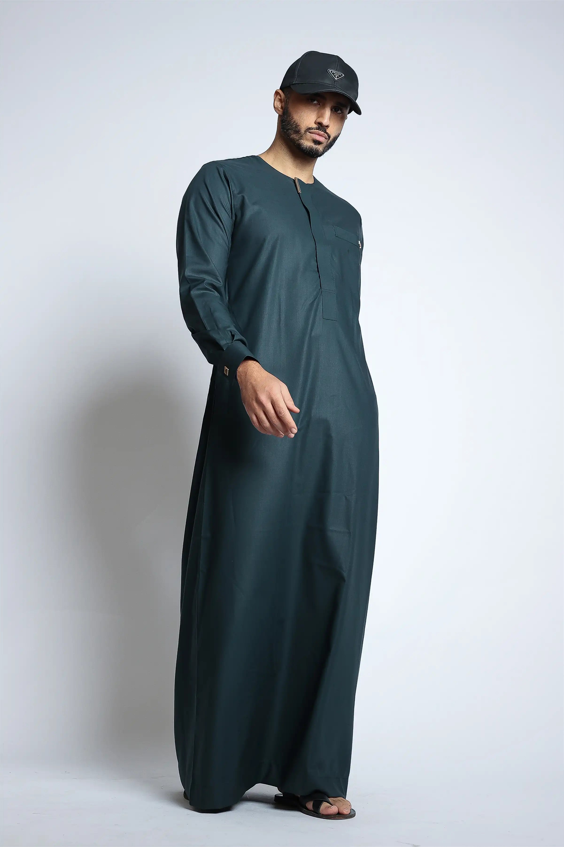 J108 Kids Thobe with Bottle Green Buckle - Traditional Arabic Dress for Boys & Girls - Perfect for Eid, Weddings & Special Occasions