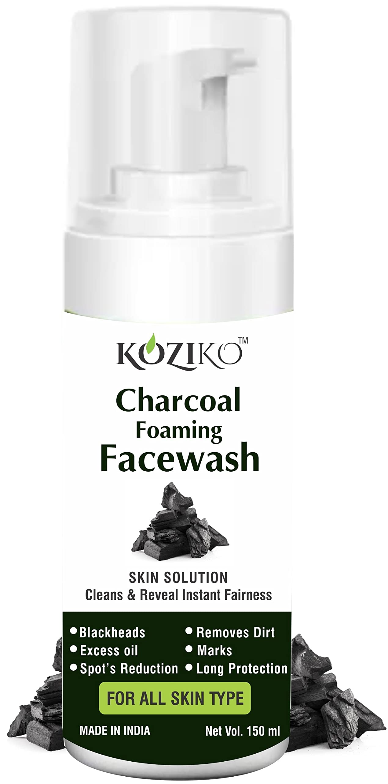 KOZIKO Charcoal Foaming Face Wash 150ml - Deep Cleansing, Oil Control & Acne Treatment for Men & Women | Removes Dirt, Blackheads & Excess Oil | Reduces Spots & Marks | Long Lasting Protection | Perfect for Daily Skincare Routine & Travel