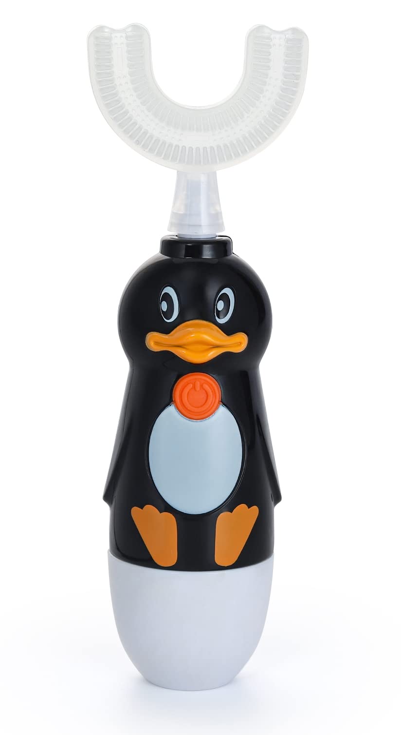 RAXIFU U-Shaped Electric Toothbrush for Kids Ages 2-7 - Battery Powered Toddler Toothbrush with Soft Bristles (1 Pack, Black) - Perfect for Teaching Oral Hygiene & Making Brushing Fun at Home or Travel
