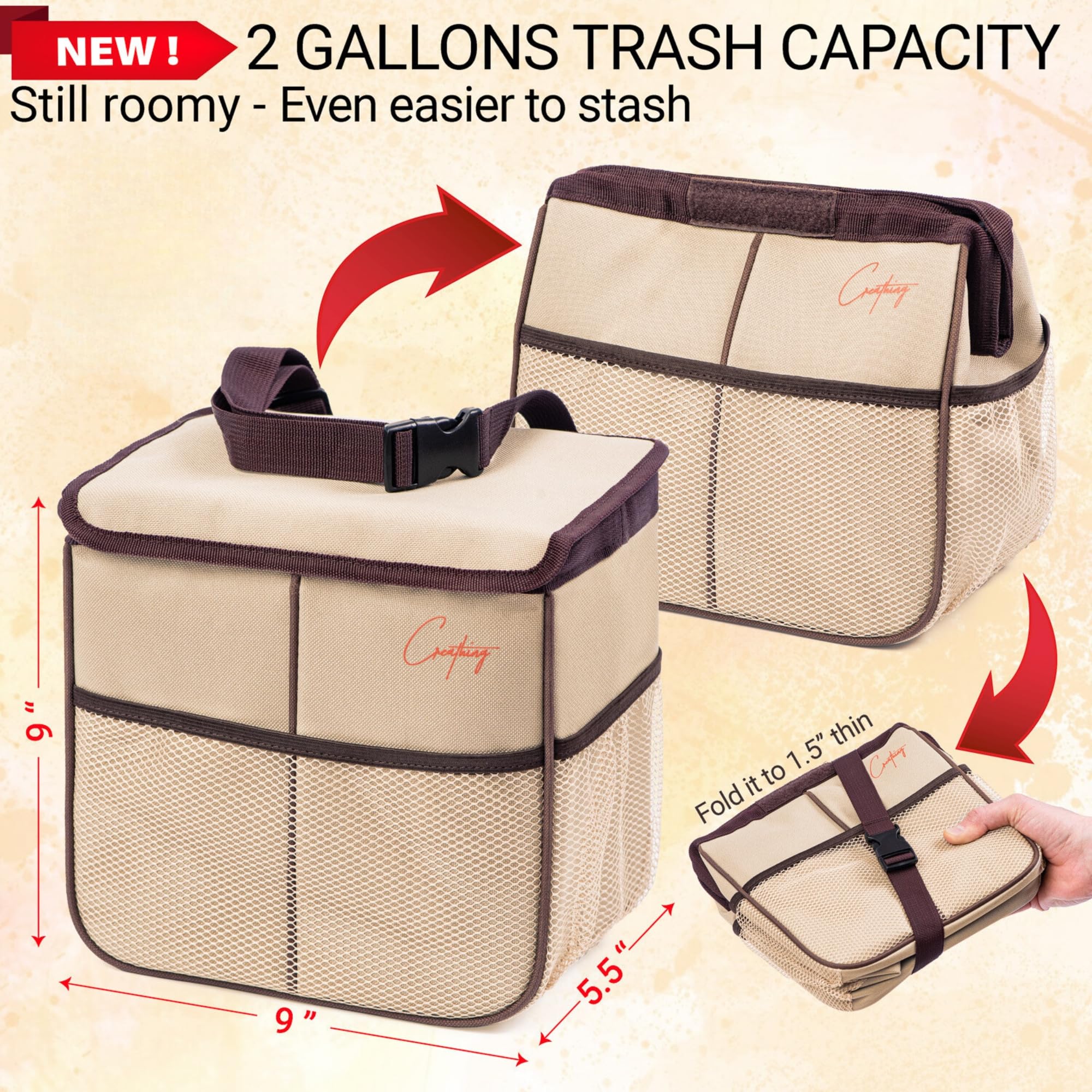 Creathing Heavy-Duty Car Trash Can with Leakproof Liner - 2 Gallon Auto Garbage Bin for Cars, Trucks & SUVs | Hangs on Console, Floor or Seat | Perfect for Road Trips, Commuting & Family Travel (Beige)