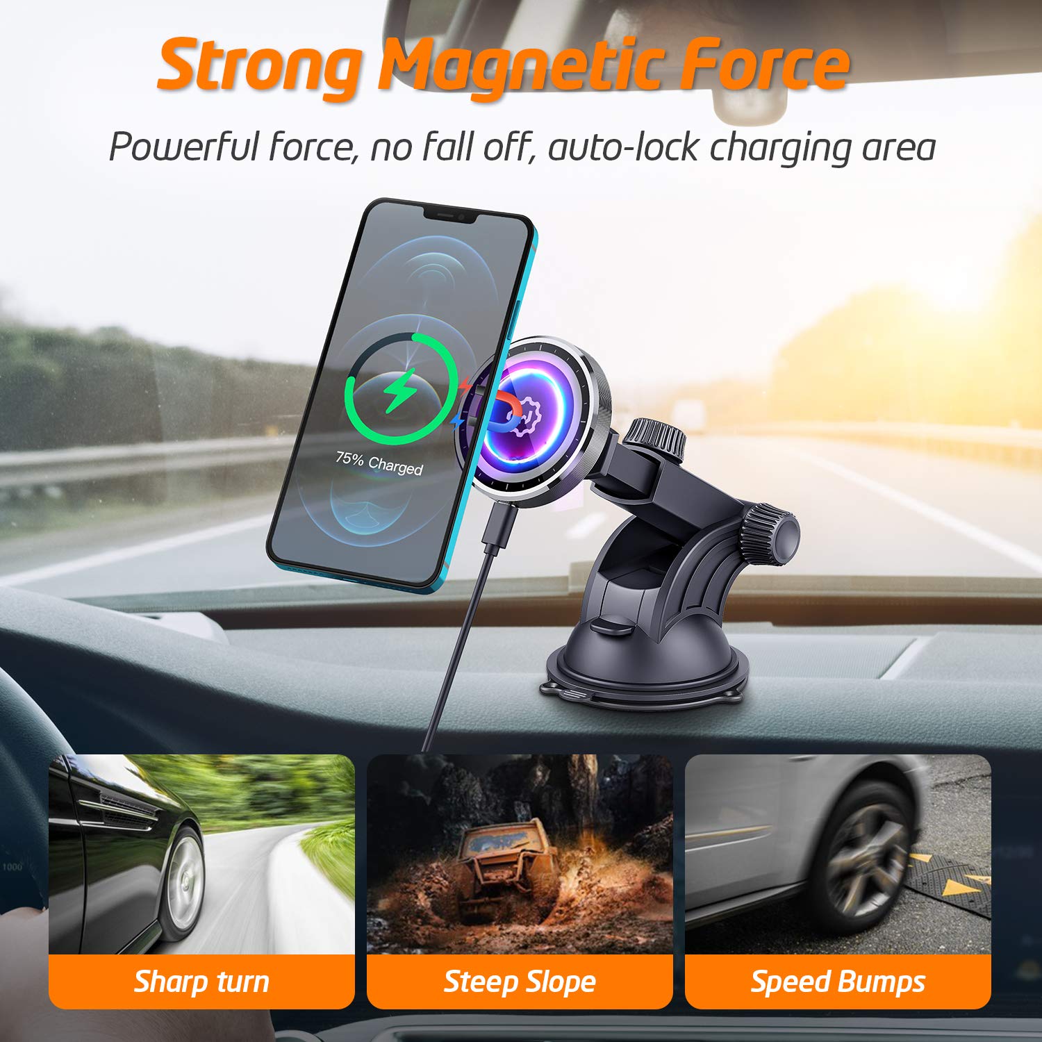 WixGear 15W Fast Wireless Magnetic Car Charger for iPhone 13/12 Series - Auto Alignment, Air Vent & Dashboard Mount - Perfect for Commuting, Road Trips & Hands-Free Charging