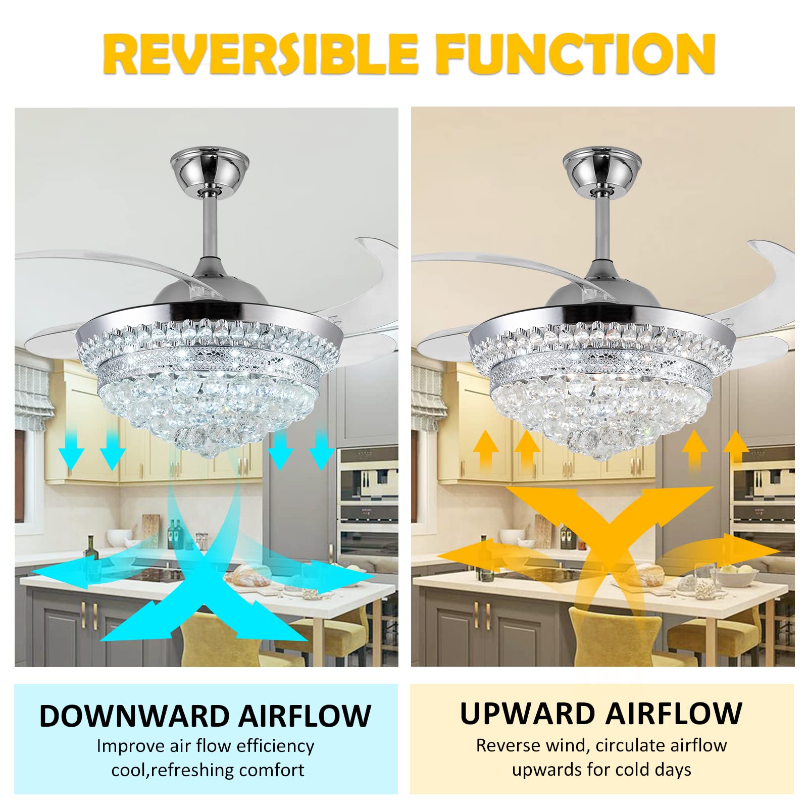 42 Inch Modern Crystal Ceiling Fan with Light & Remote Control - Dimmable Chandelier Fan, 6 Speed Settings, 4 Retractable ABS Blades - Perfect for Bedroom, Living Room, Dining Room & Home Office Decor