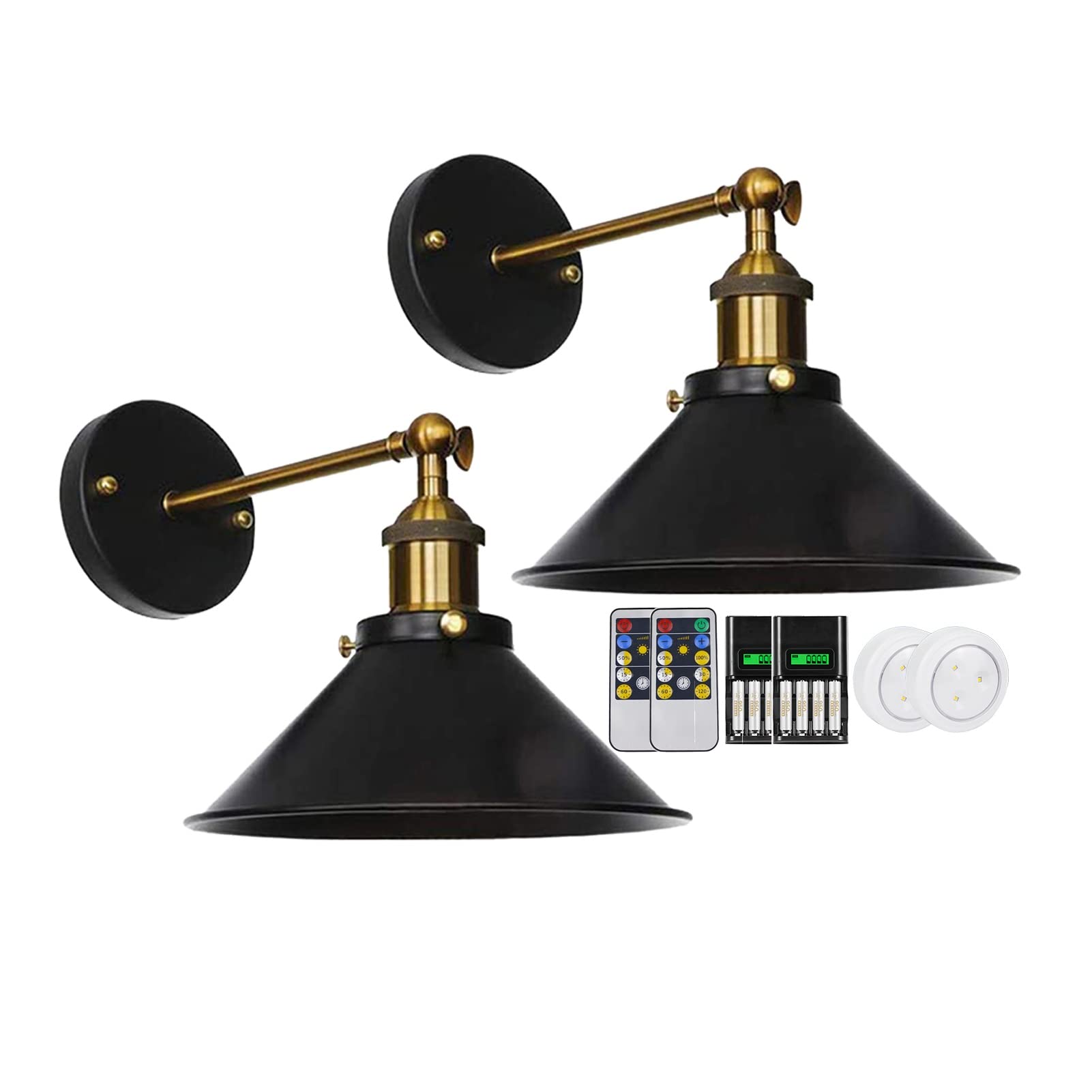 Modern Battery Operated Wall Sconces Set of 2 - Wireless Remote Control Mid Century Black Vanity Lights for Bedroom & Bathroom (Battery Bulbs Included) | Perfect for Bedroom Night Lights, Hallway Lighting & Bathroom Vanity Decor