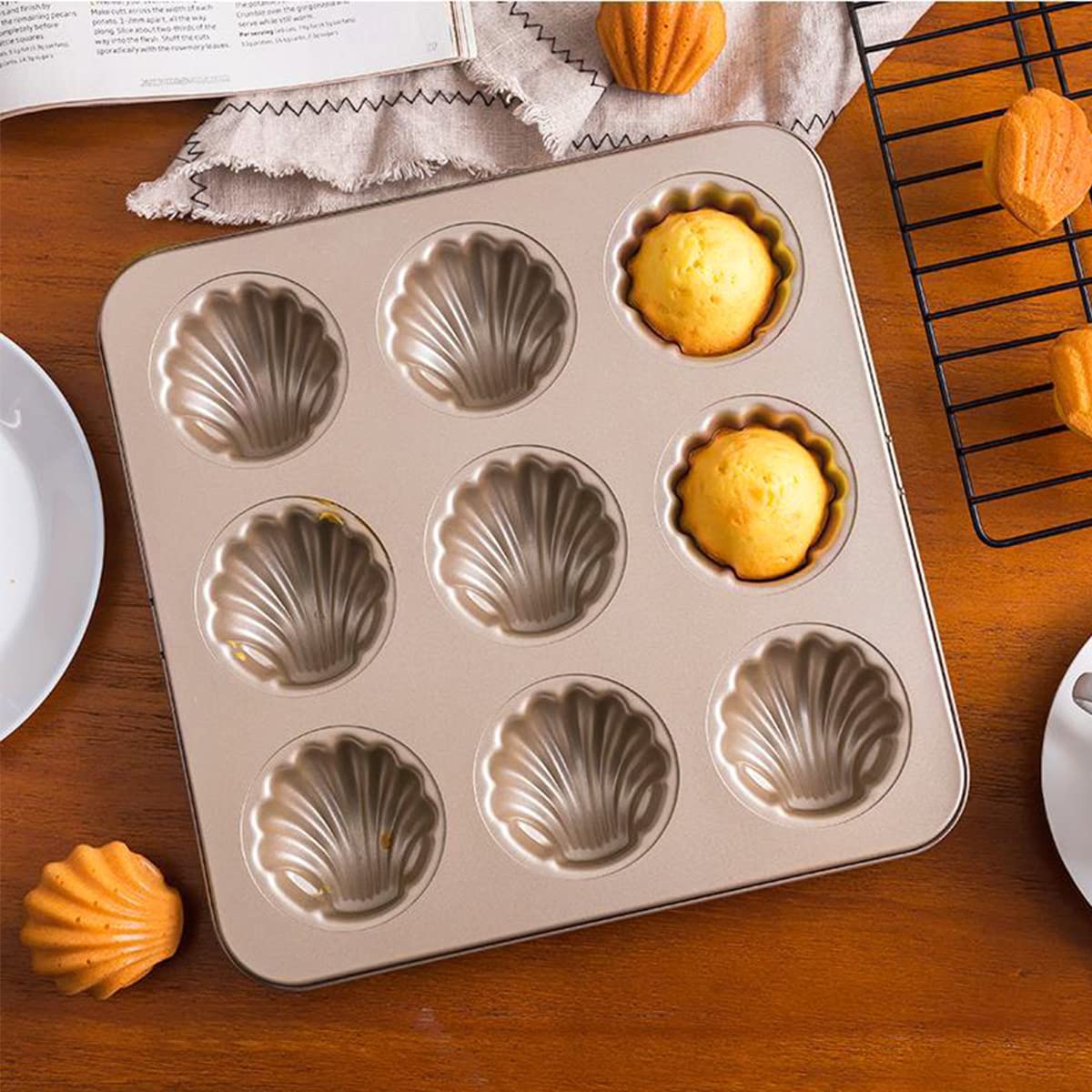 Premium 6/9/12-Cavity Madeleine Mold Pan - Non-Stick Carbon Steel Baking Pan for Perfect Shell-Shaped Cakes, Cookies & Chocolates | Food Grade Safe | Ideal for Home Baking, Party Treats & Gift Making (9-Cup)