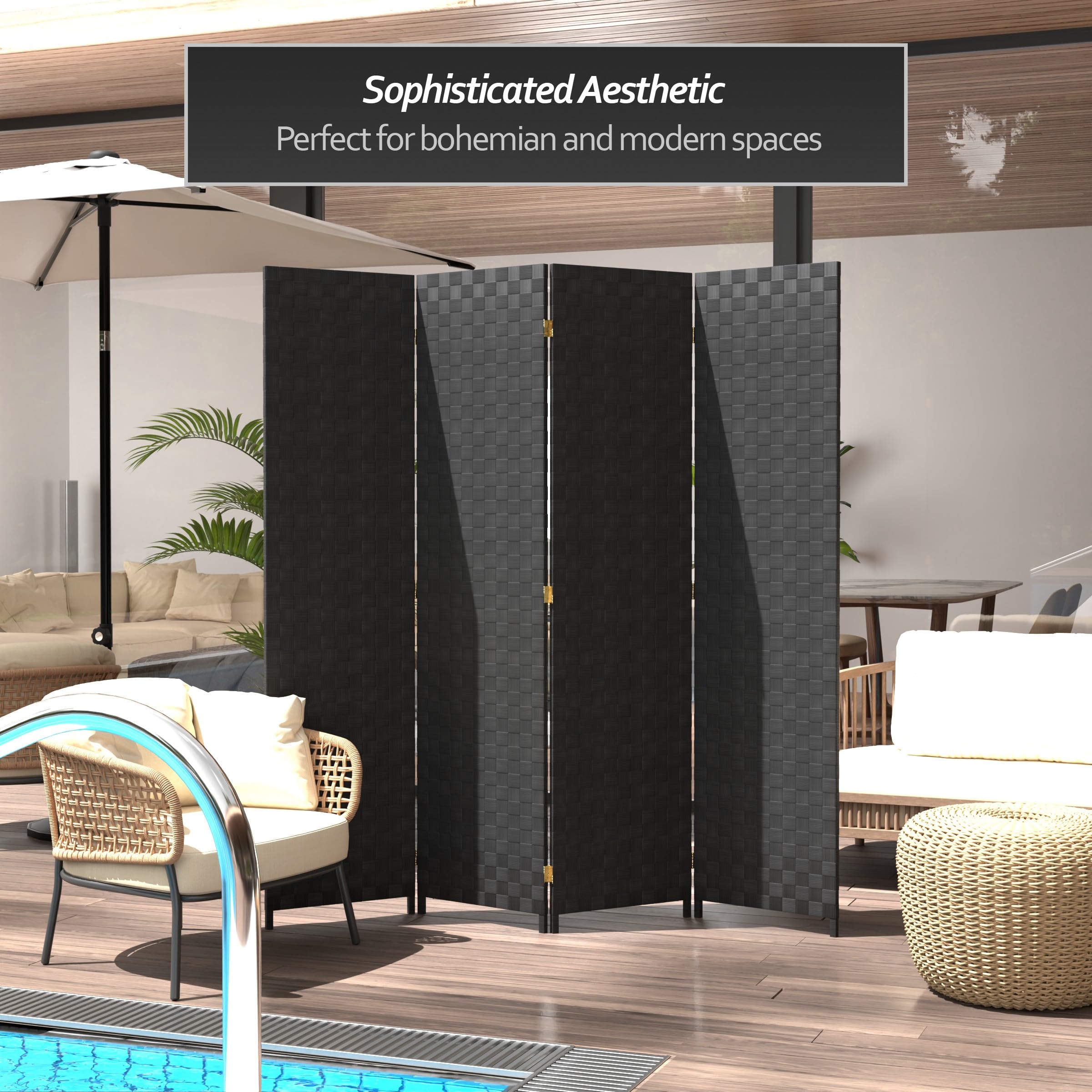 6 ft. Tall Black Woven Fiber Outdoor All-Weather Red Lantern Room Divider - 4 Panel Privacy Screen for Patio, Garden, or Indoor Space Decoration