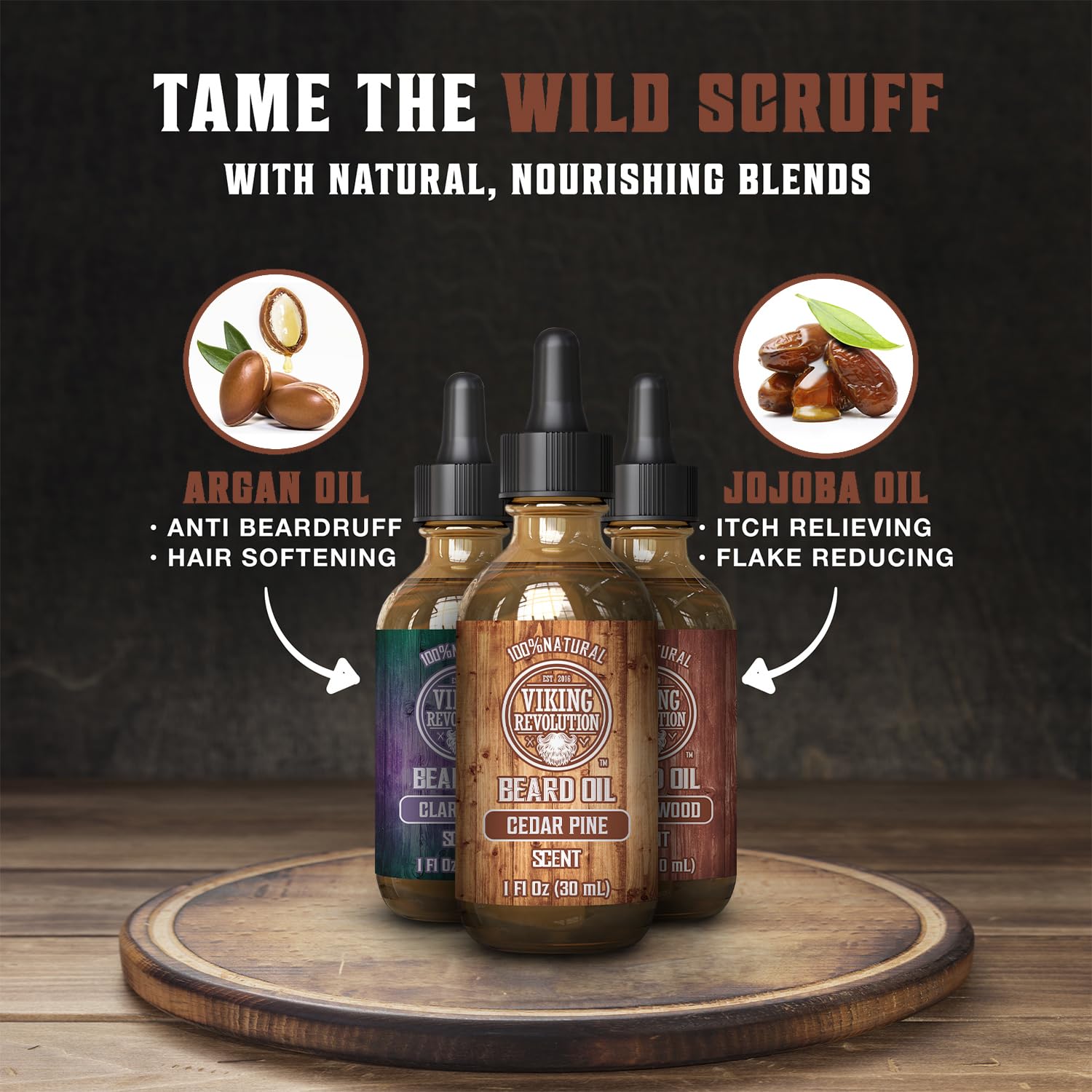 Viking Revolution Beard Oil for Men 3 Pack - Natural Beard Oil Variety Set with Sandalwood, Pine & Cedar Scents - Conditioning & Moisturizing Beard Oil for Soft, Healthy Facial Hair - Perfect for Daily Grooming, Beard Care & Styling (3 x 1oz)