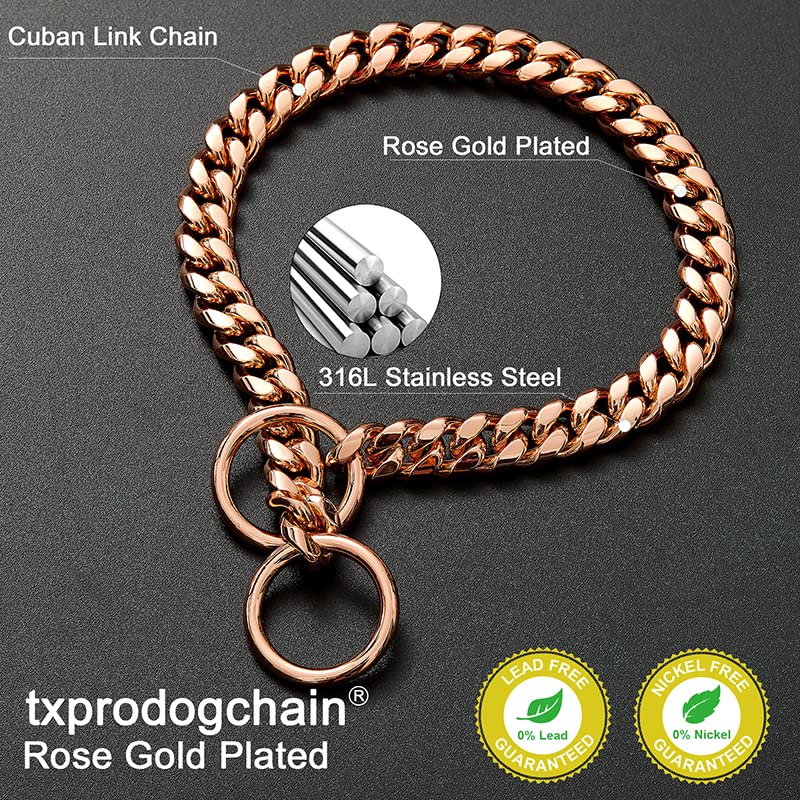 Rose Gold Dog Chain Collar 10MM Cuban Link - Stainless Steel Training Collar for Small Medium Large Dogs (10-31 Inches) - Perfect for Walking, Training & Fashion Pet Accessories