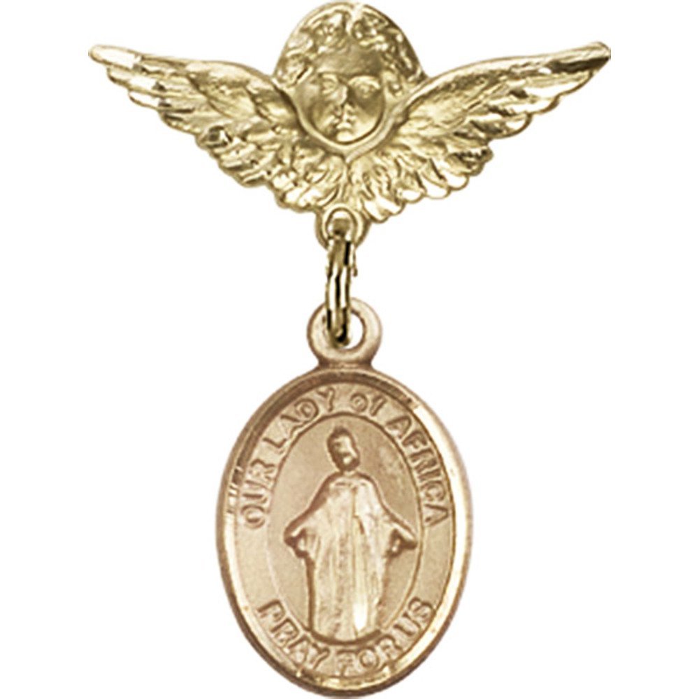 Gold Filled Baby Badge Pin with Our Lady of Africa Charm & Angel Wings - 1 X 3/4 Inches - Perfect for Christening Gifts, Baby Showers & Religious Jewelry Collections