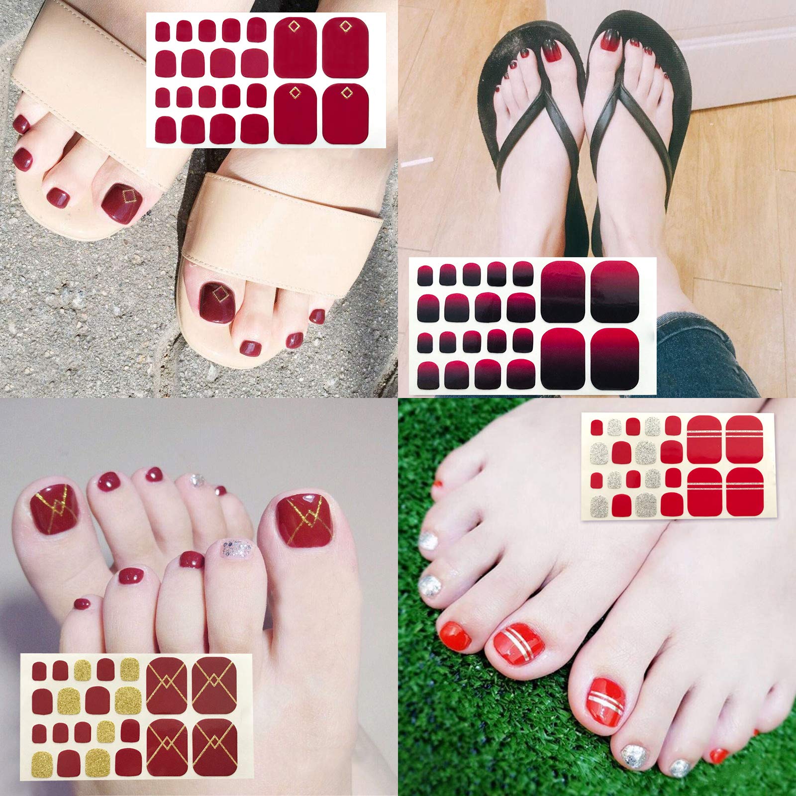 SILPECWEE 20 Sheets Toe Nail Polish Stickers - Leopard Print, Glitter & Plaid Nail Wraps for Women | Easy Application Nail Decals & Strips in Red | Perfect for Pedicures, Parties & Everyday Nail Art