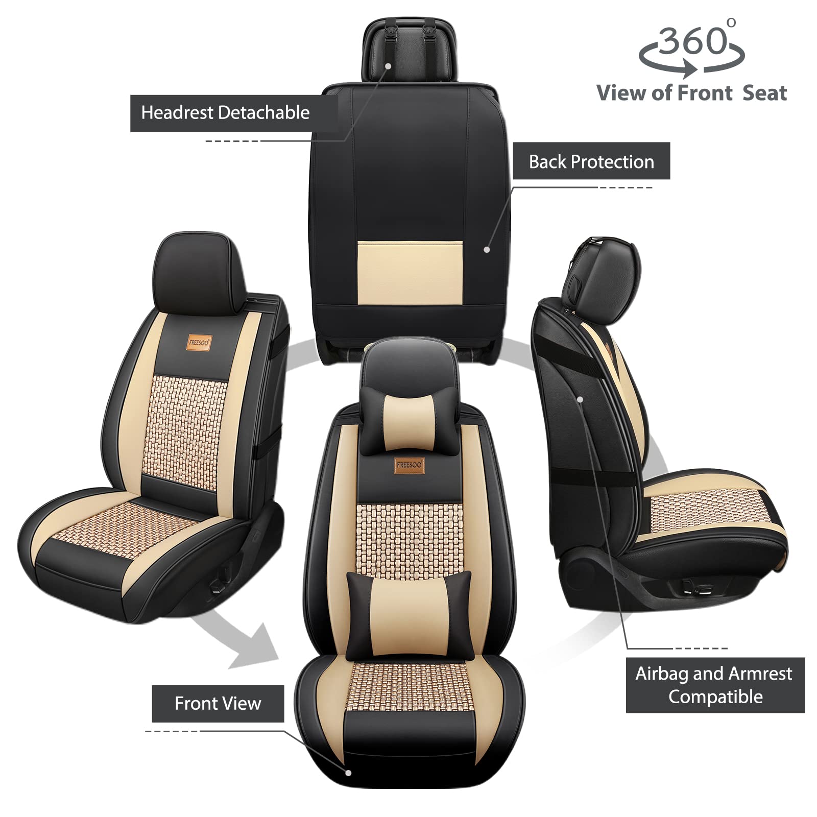 Premium Leather Car Seat Covers Full Set - Universal Fit for Sedan, SUV & Truck - Breathable Padded Seat Protector with Pillows (Khaki/Black) | Perfect for Road Trips, Daily Commute & Family Travel