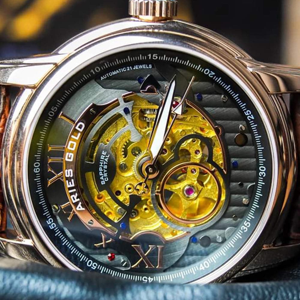 ARIES GOLD Automatic Infinum El Toro Men's Watch - Stainless Steel Case, Brown Leather Strap, Gold-Tone (G 9005G RG BK) | Luxury Dress Watch for Business, Formal Occasions & Gifts