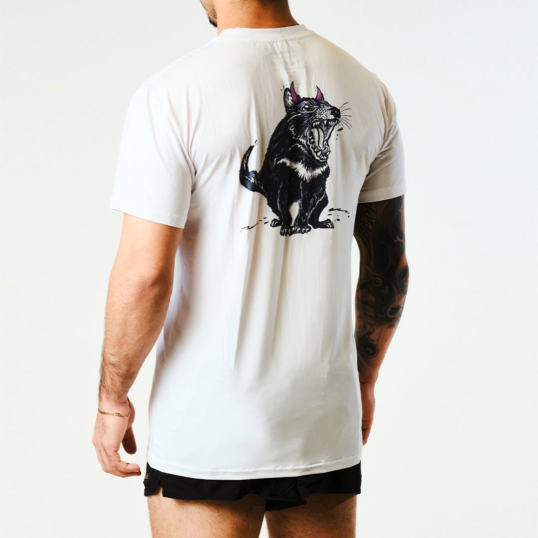 Eco-Friendly Men's Running T-Shirt - Tarkine Ultra Performance Tee in Tassie Devil White/Thin | Perfect for Trail Running, Gym Workouts & Outdoor Activities