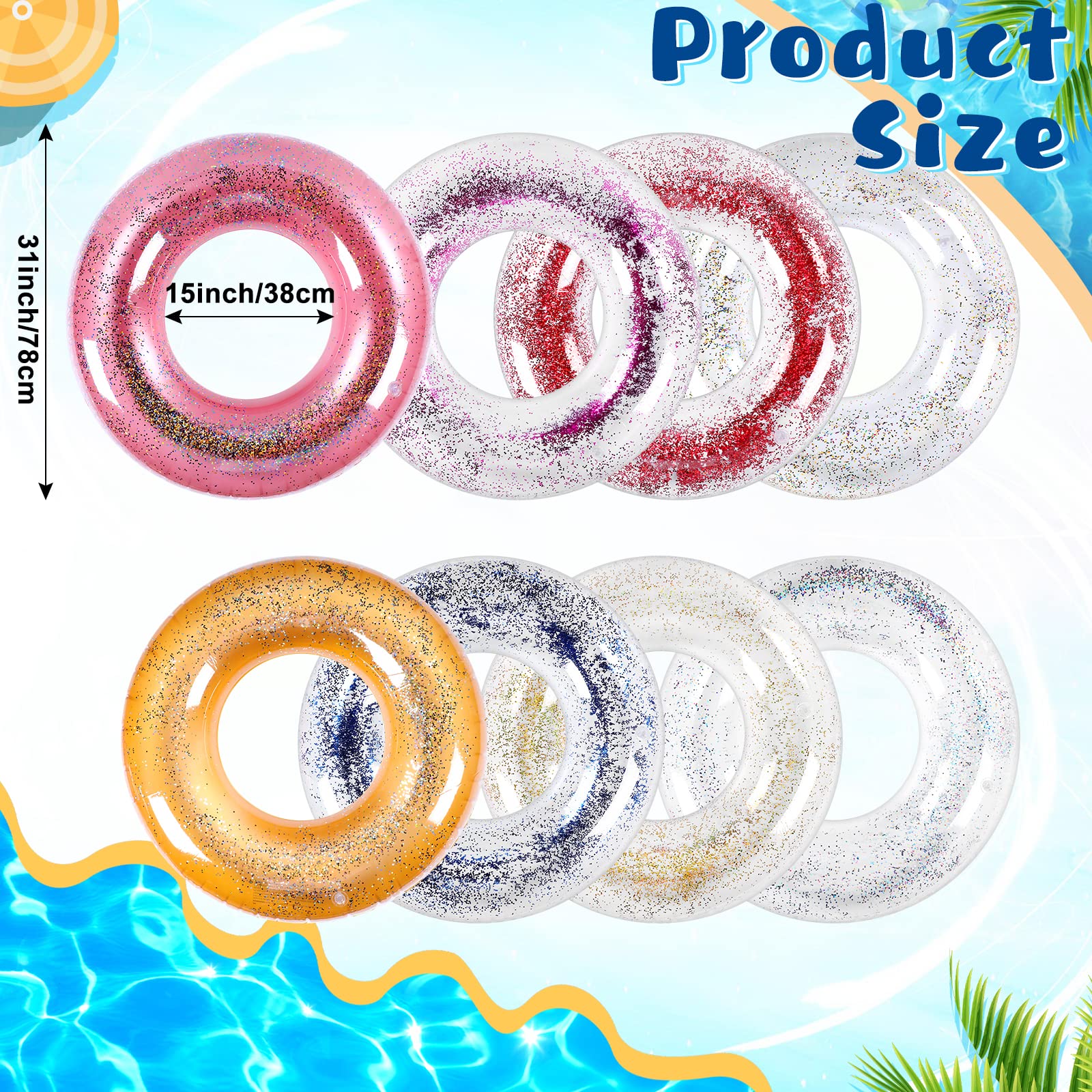 8-Piece Transparent Glitter Inflatable Pool Float Tubes for Kids - Swim Rings for Boys & Girls, Summer Beach Party Decorations, Pool & Lake Water Fun Accessories