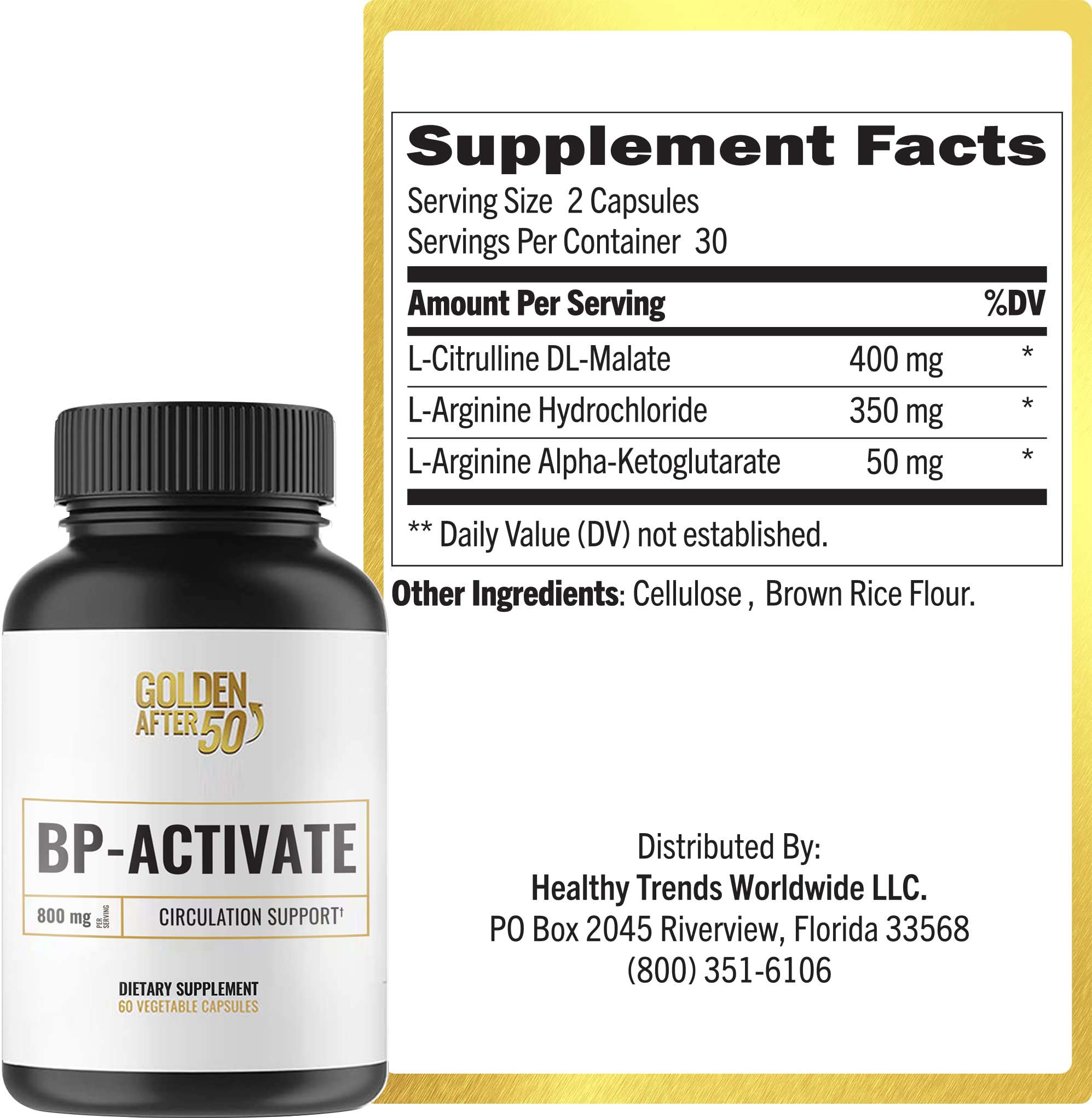 Golden After 50 BP-Activate - Nitric Oxide Booster Supplement with L-Arginine, AAKG & L-Citrulline (800mg) - Supports Heart Health, Blood Circulation & Energy - Essential Amino Acids Formula - 3 Bottles (90-Day Supply) - Ideal for Athletes, Seniors & Active Lifestyles