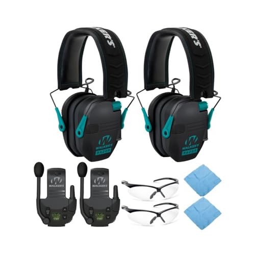 Walkers Razor Slim Electronic Muff Hearing Protection (Black/Teal, 2-Pack) Bundle with Walkie-Talkies, Shooting Glasses & Cleaning Cloth - 8-Piece Shooting Range Accessories Kit for Hunting & Target Practice
