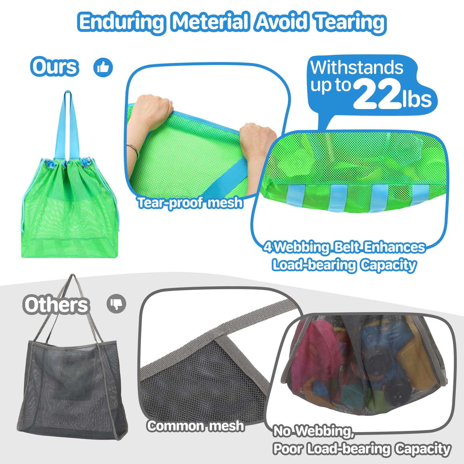Extra Large Mesh Beach Toy Bag With Drawstring - Lightweight Sand Toy Storage Tote for Kids, Travel Essentials Organizer for Pool, Park & Vacation - Neon Green