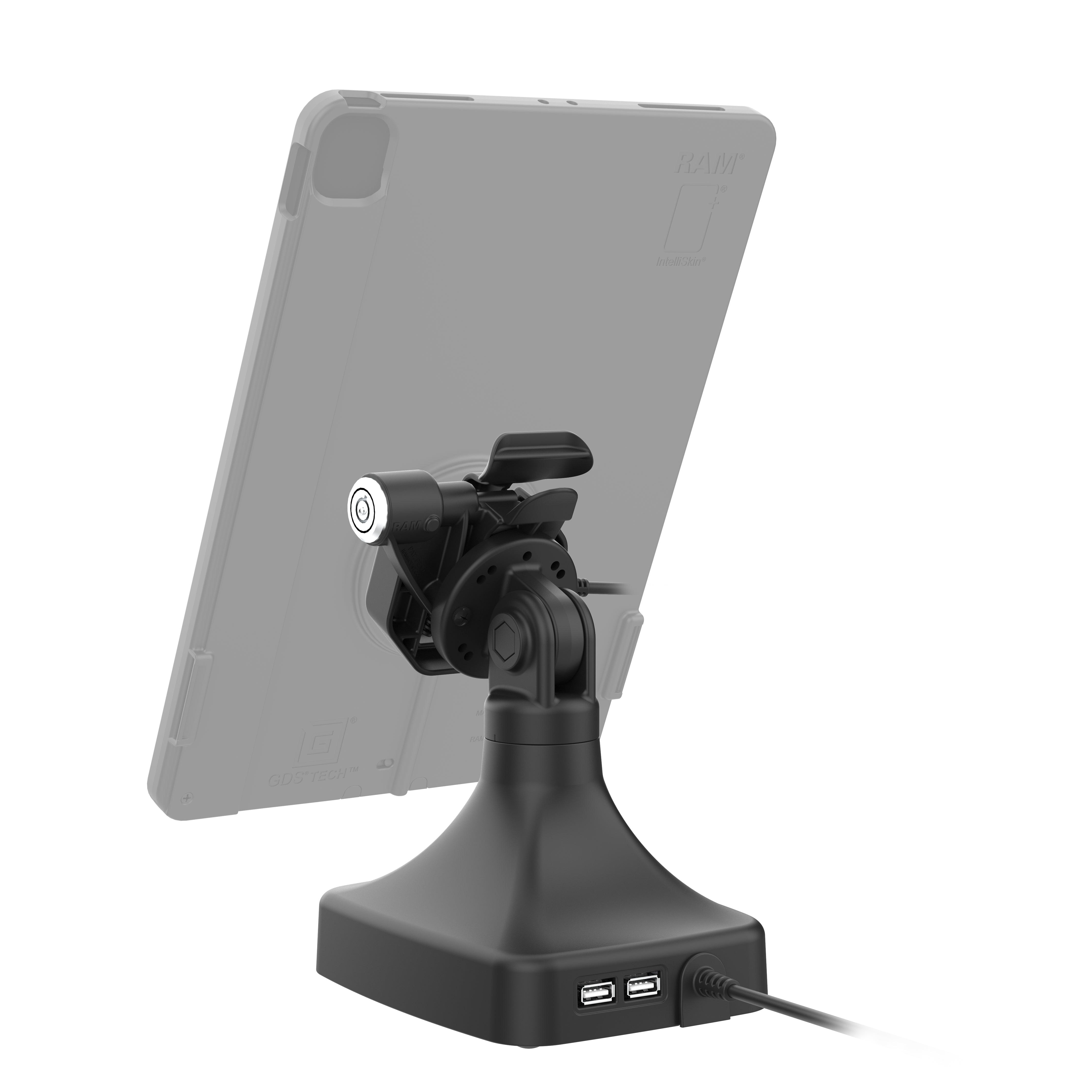 GDS® Uni Conn™ Powered Locking Tilt & Swivel Dock with PoE + Data (RAM GDS DOCKLR D14 U3E 2A) - Secure Computer Mount for Office & Industrial Workstations