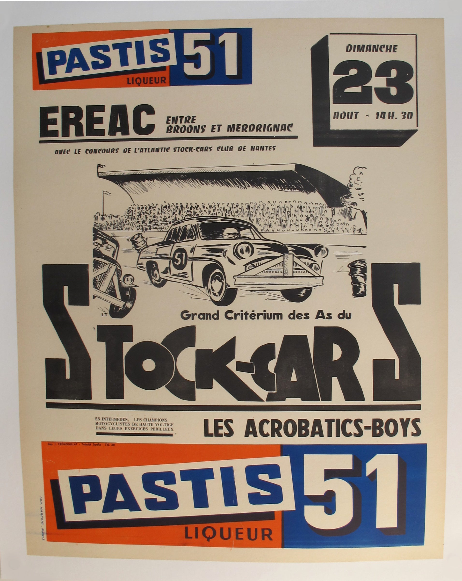 Vintage 1960s French Stock Cars Racing Poster - Pastis 51 Liquor Advertisement - Linen Backed Retro Wall Art - Perfect for Man Cave, Bar Decor & Racing Enthusiasts