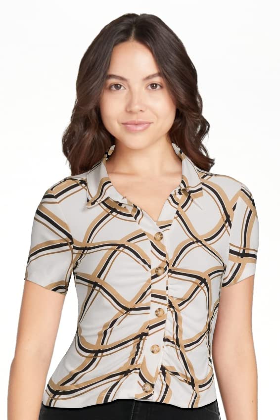 No Boundaries Juniors' Fashion Print Button Front Collared Top - X-Large Winter White | Casual Wear, School Outfits & Teen Fashion