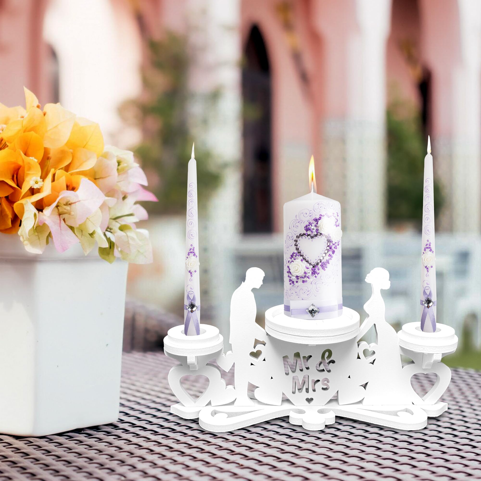 Unity Candle Holder Set of 3 - Elegant Wedding Ceremony Candle Stand for Table Centerpiece Decor - White Pillar & Taper Candlestick Holder - Perfect for Wedding Unity Ceremony, Vow Renewal, and Romantic Dinner Decorations