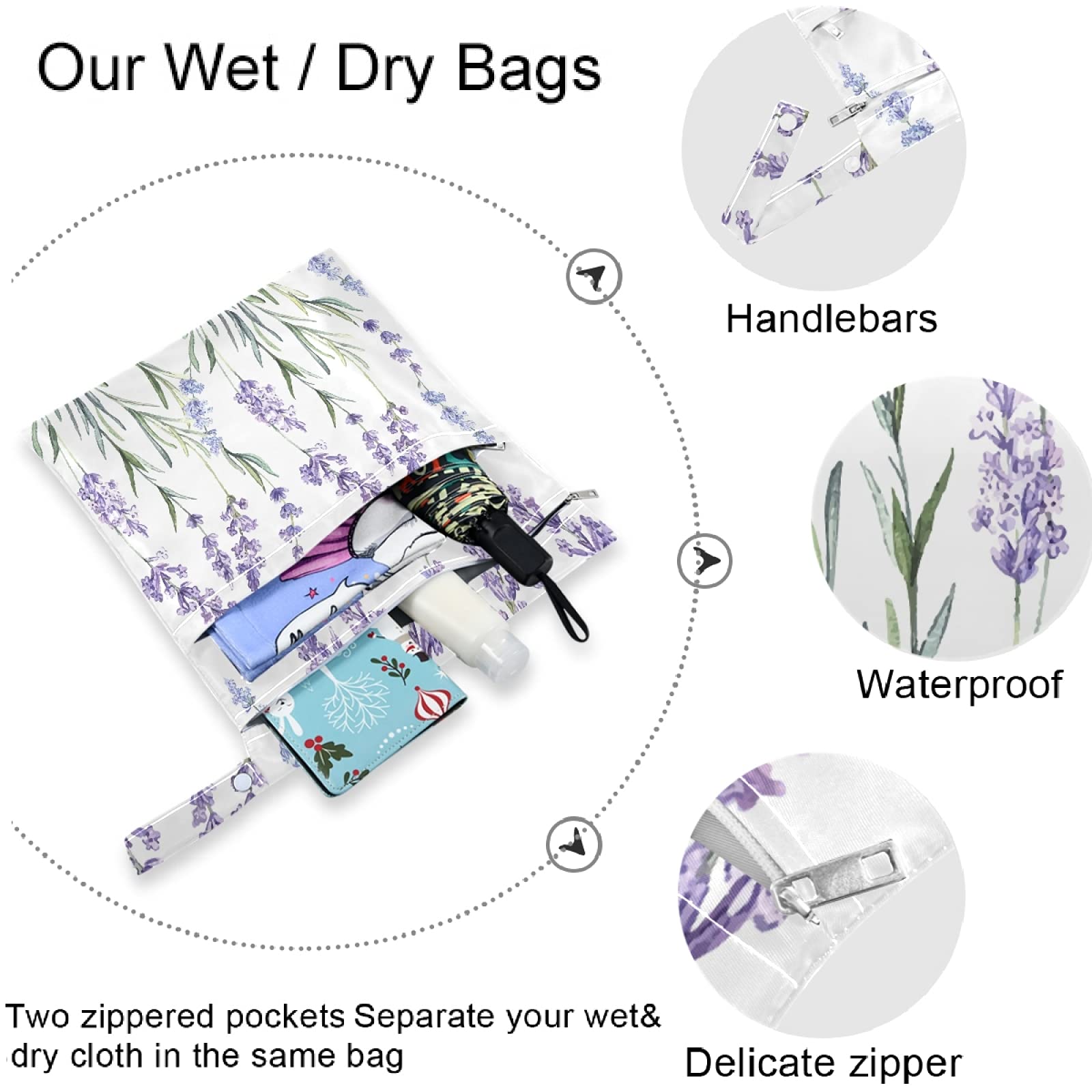 Visesunny 2-Pack Purple Lavender Wet Bags with Zippered Pockets - Reusable, Washable & Spacious for Travel, Beach, Pool, Gym, Daycare | Perfect for Wet Swimsuits, Dirty Clothes, Diapers & Toiletries | Great for Moms, Babies & Active Lifestyles