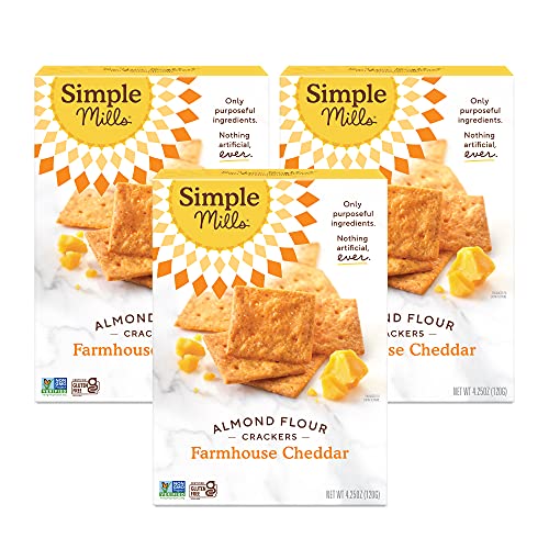 Simple Mills Almond Flour Crackers - Farmhouse Cheddar Flavor | Gluten Free Healthy Snacks | 4.25oz Pack of 3 | Perfect for Keto Diet, School Lunches & On-the-Go Snacking