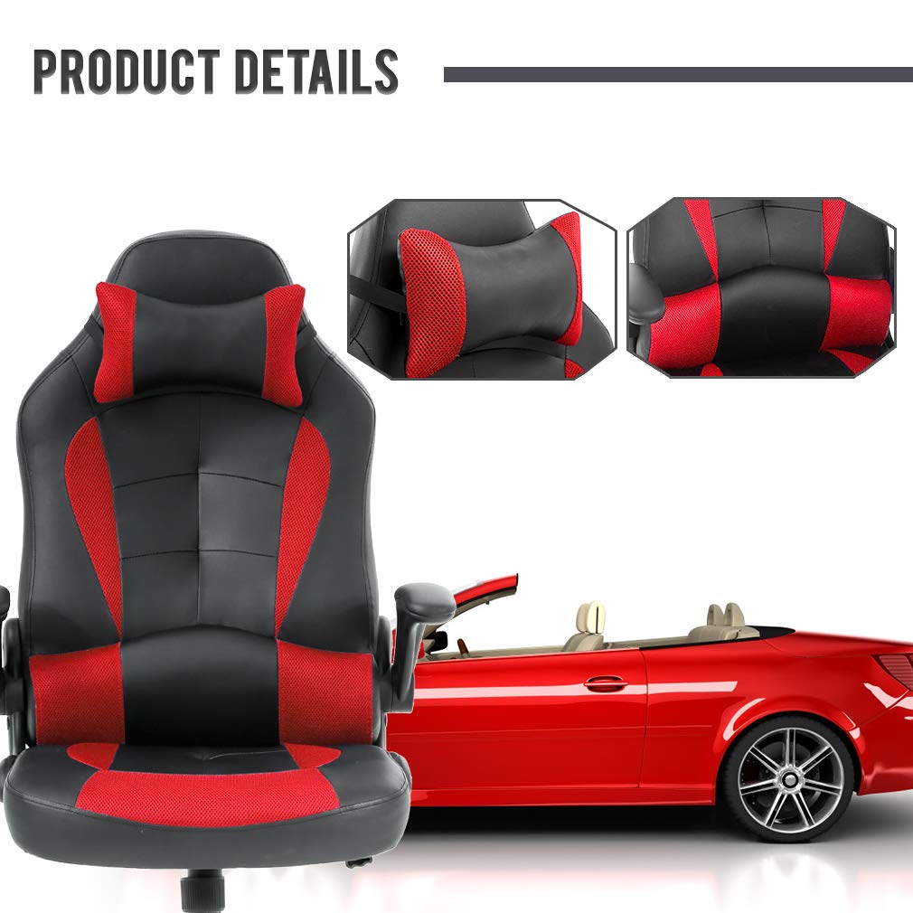 Ergonomic PC Gaming Chair - Racing Style Office Chair with Lumbar Support & Headrest - PU Leather Executive Desk Chair with Massage Function - Adjustable Armrests & Swivel Base - Perfect for Gaming, Home Office & Workstations (Red)