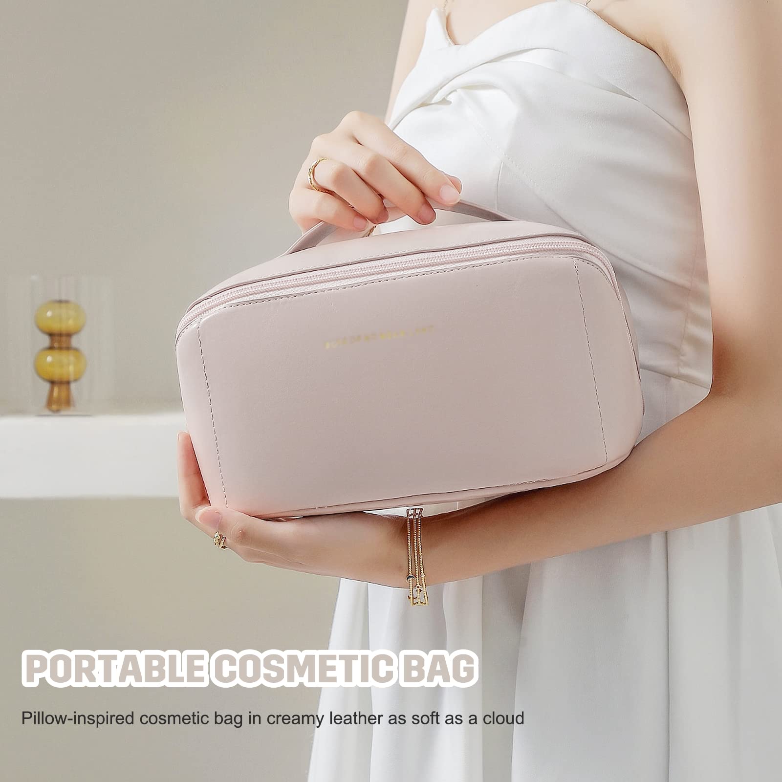 Large Waterproof Travel Cosmetic Bag for Women - Portable Makeup Organizer with Handle & Gold Zipper, Multiple Compartments, Milk White | Perfect for Air Travel, Gym, Beach & Daily Use