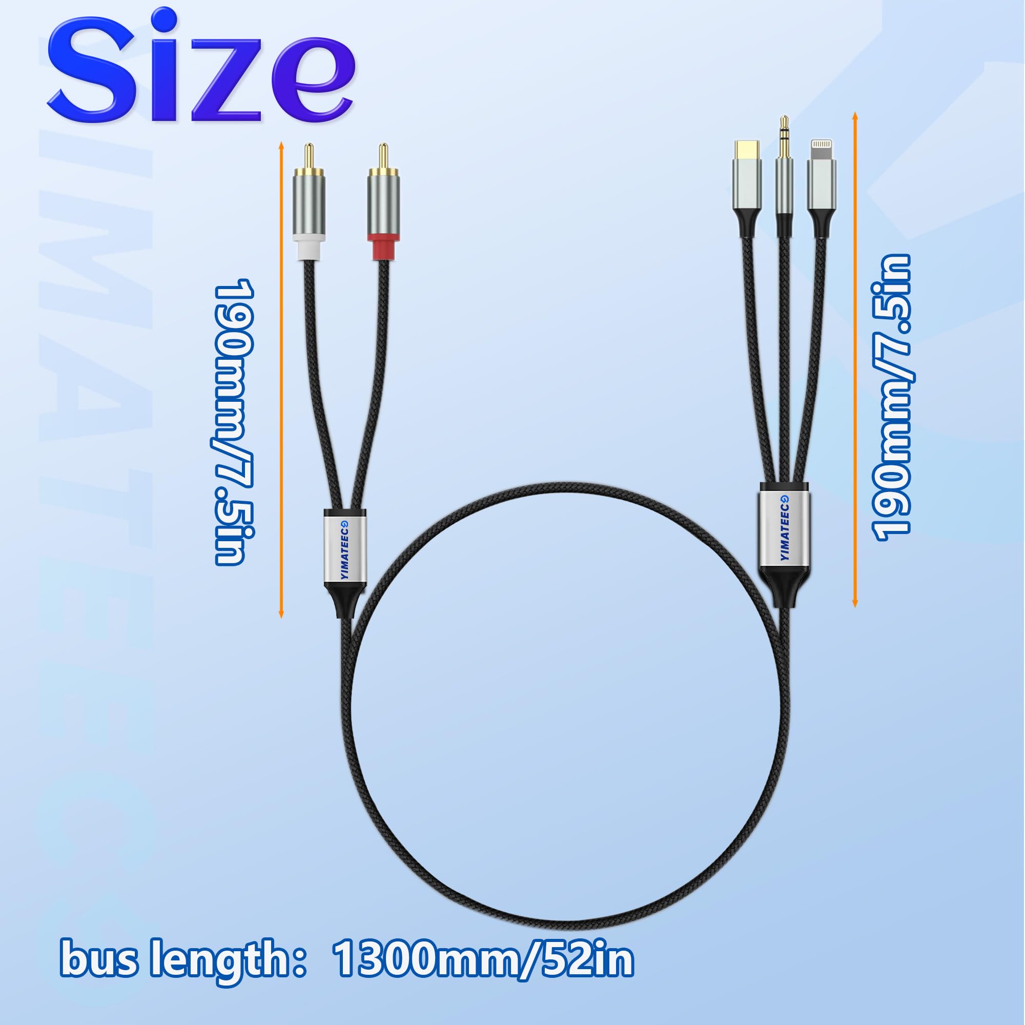 YIMATEECO 3-in-1 RCA Audio Cable - 3.5mm/USB-C/Lightning to 2RCA Stereo Aux Cord - Hi-Fi Sound for TV, Smartphone, MP3, Speakers & Amplifiers - Compatible with iPhone, Android & More - Perfect for Home Theater, Car Audio & Music Streaming
